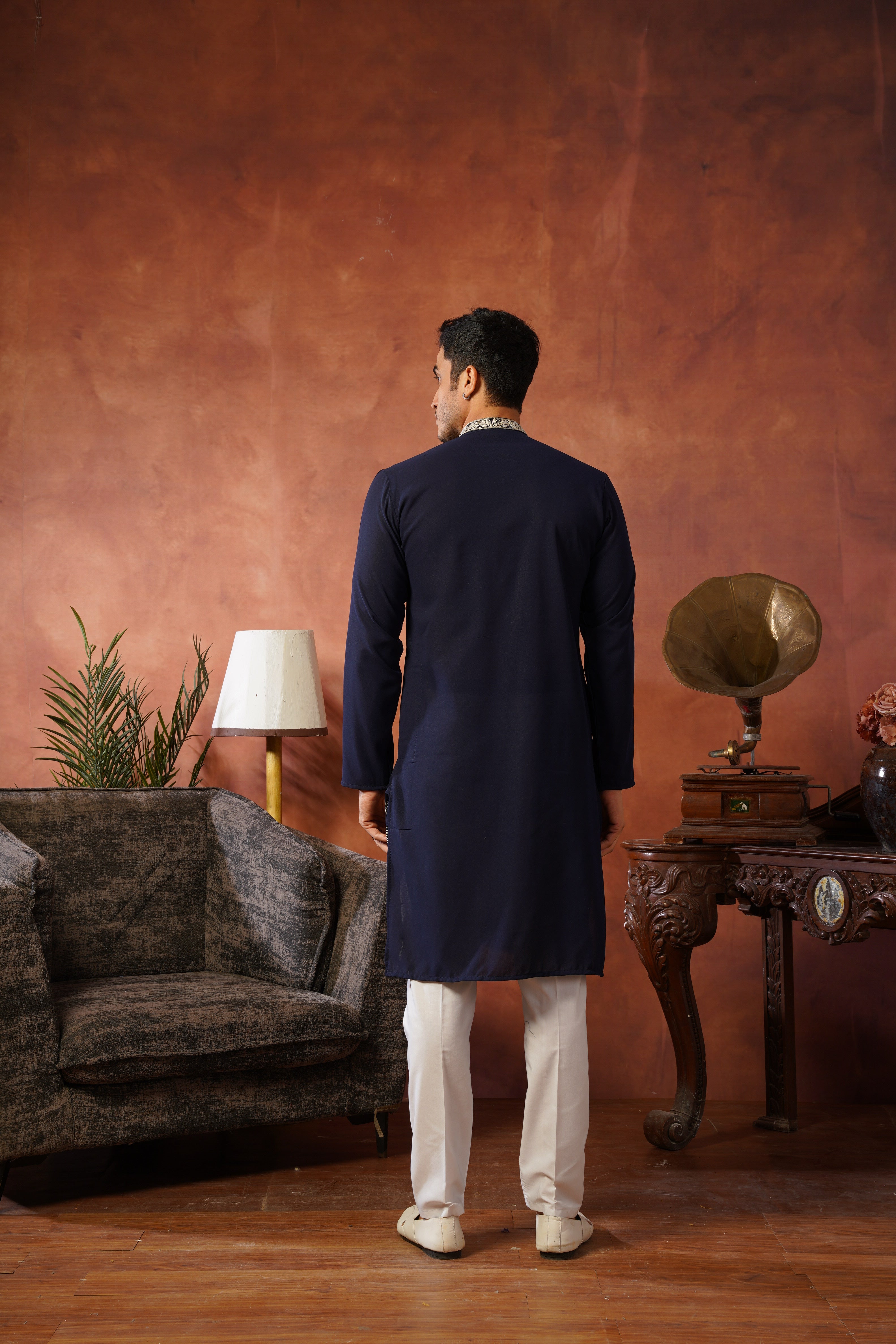 Shehnshah Premium Neckwork Embroidery Navy Kurta Set