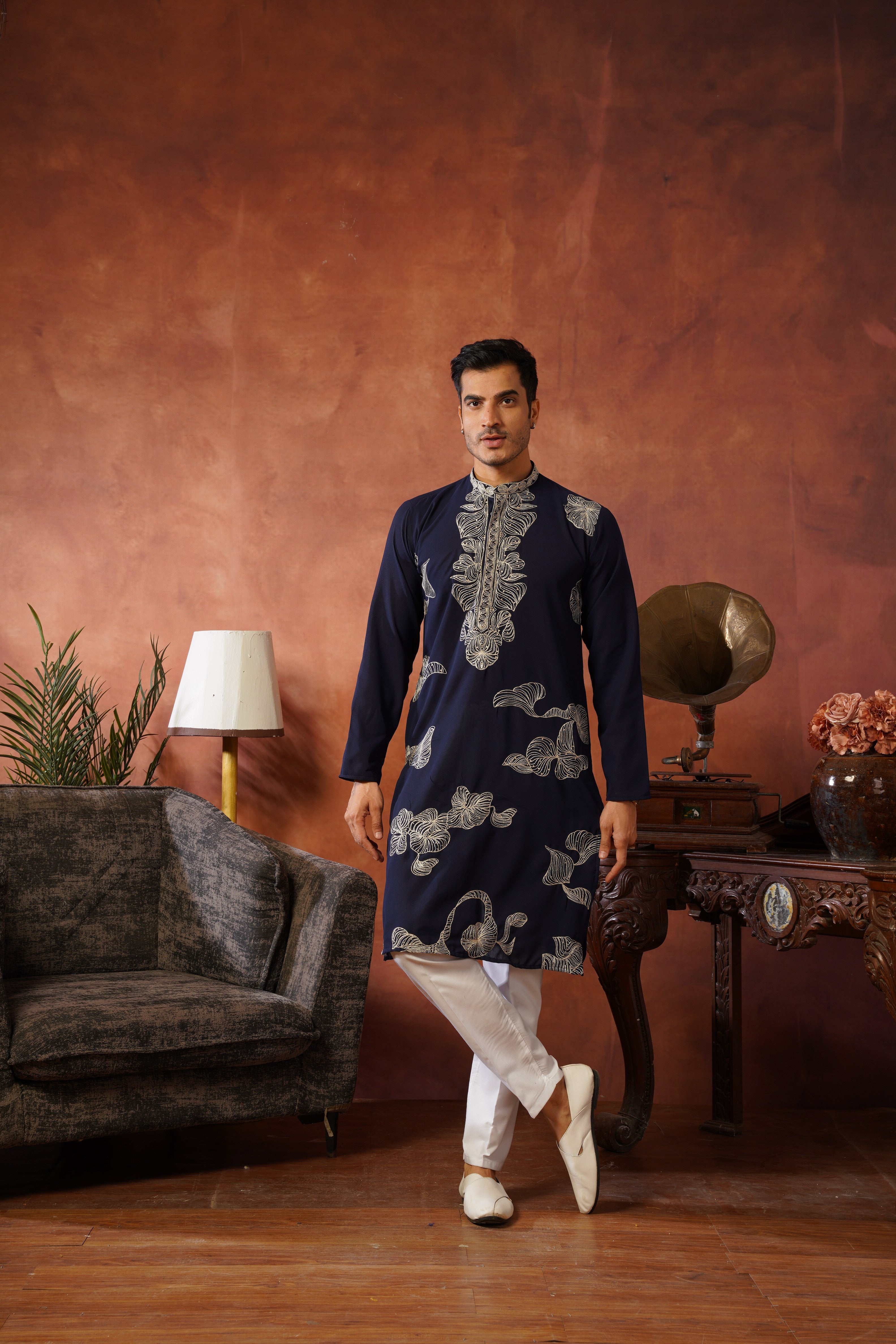 Shehnshah Premium Neckwork Embroidery Navy Kurta Set
