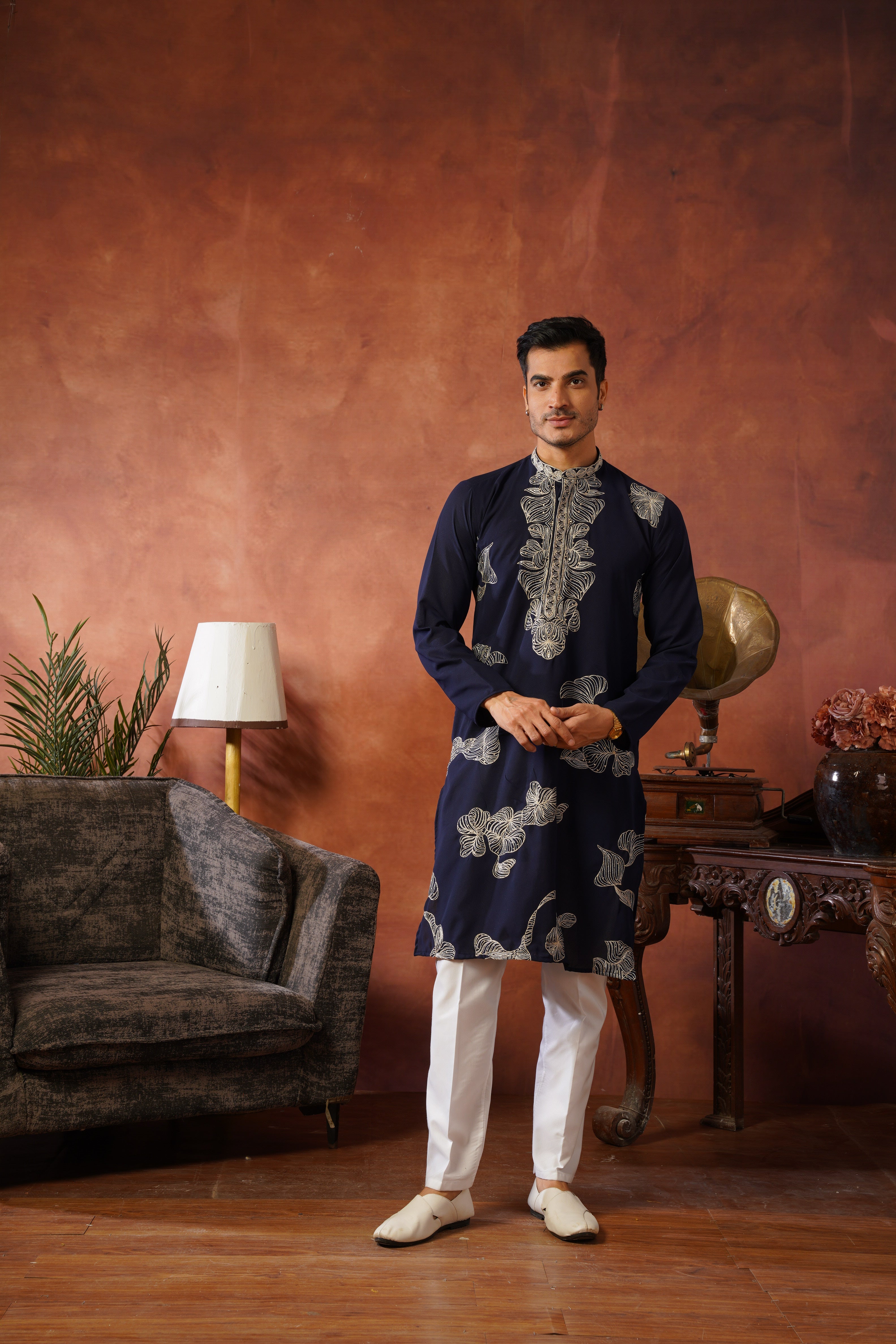 Shehnshah Premium Neckwork Embroidery Navy Kurta Set