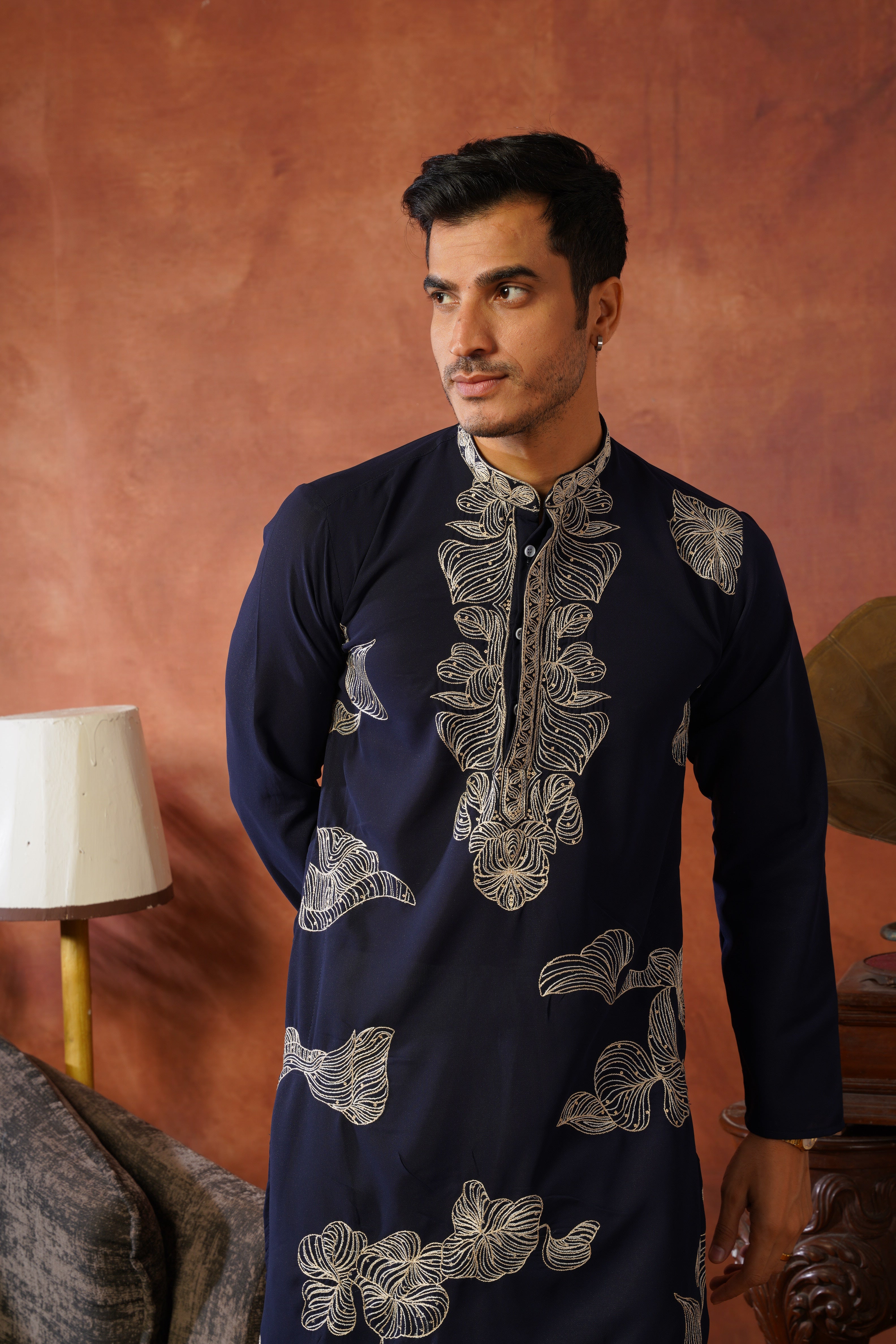 Shehnshah Premium Neckwork Embroidery Navy Kurta Set