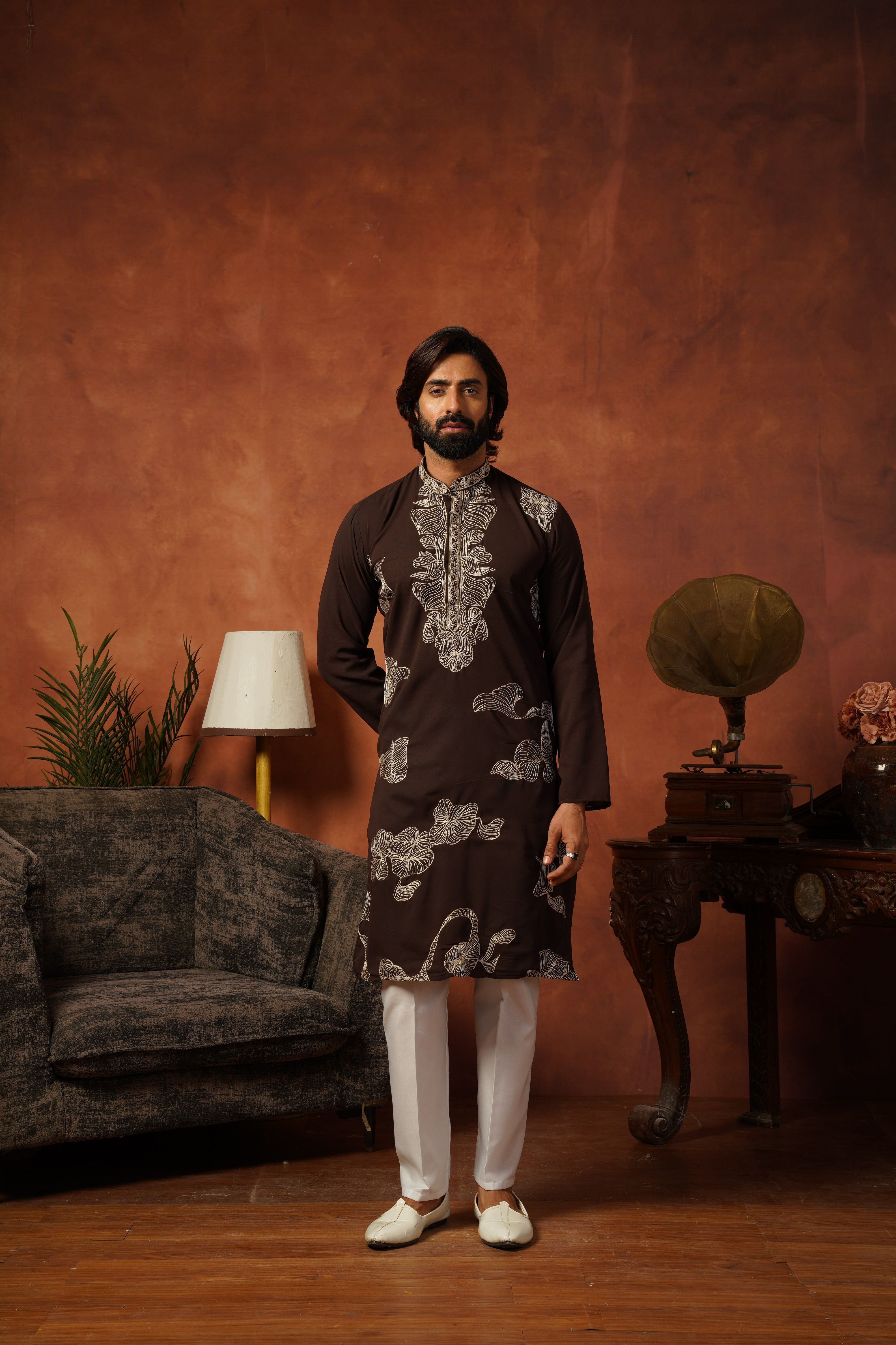 Shehnshah Premium Neckwork Embroidery Coffee Kurta Set