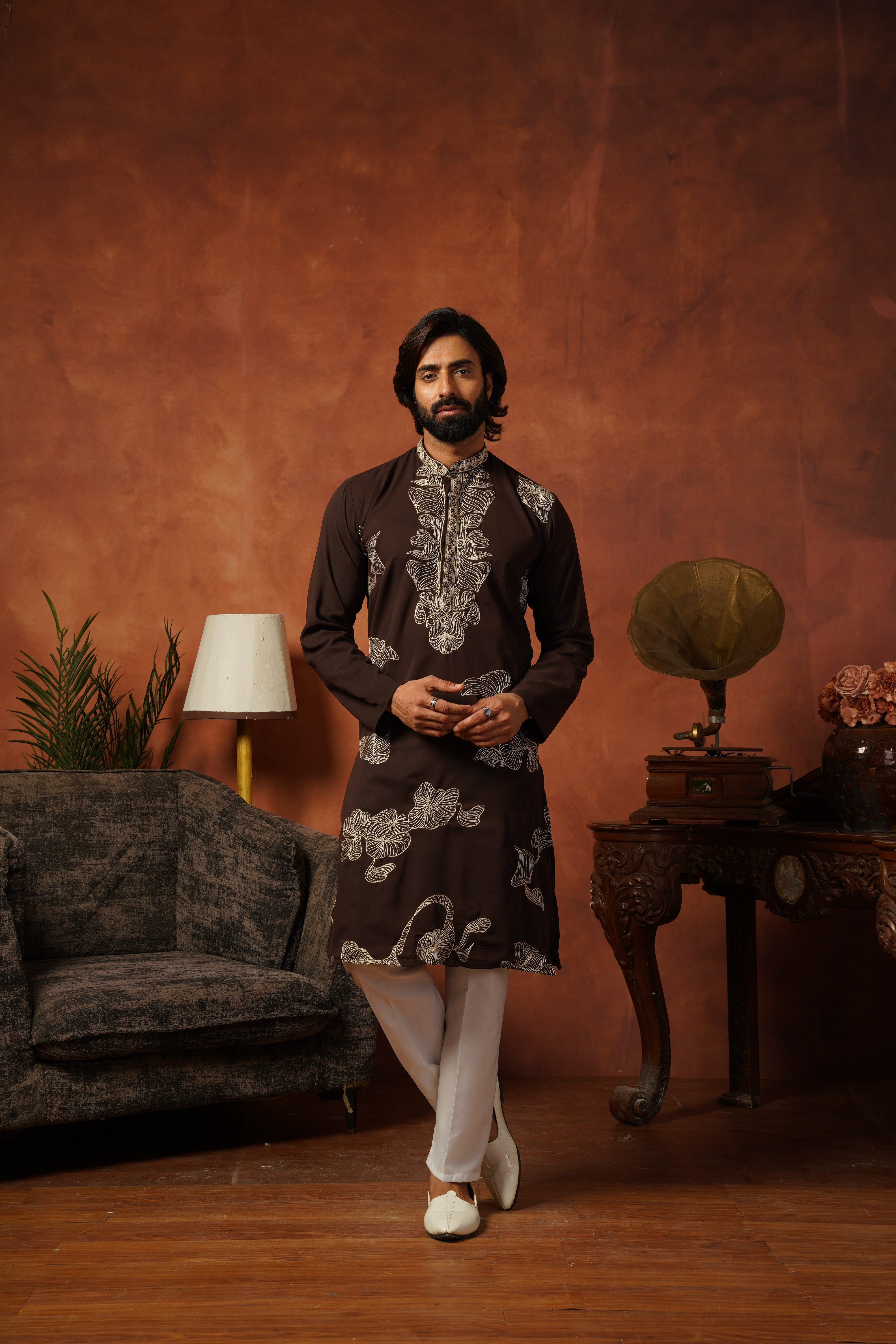 Shehnshah Premium Neckwork Embroidery Coffee Kurta Set