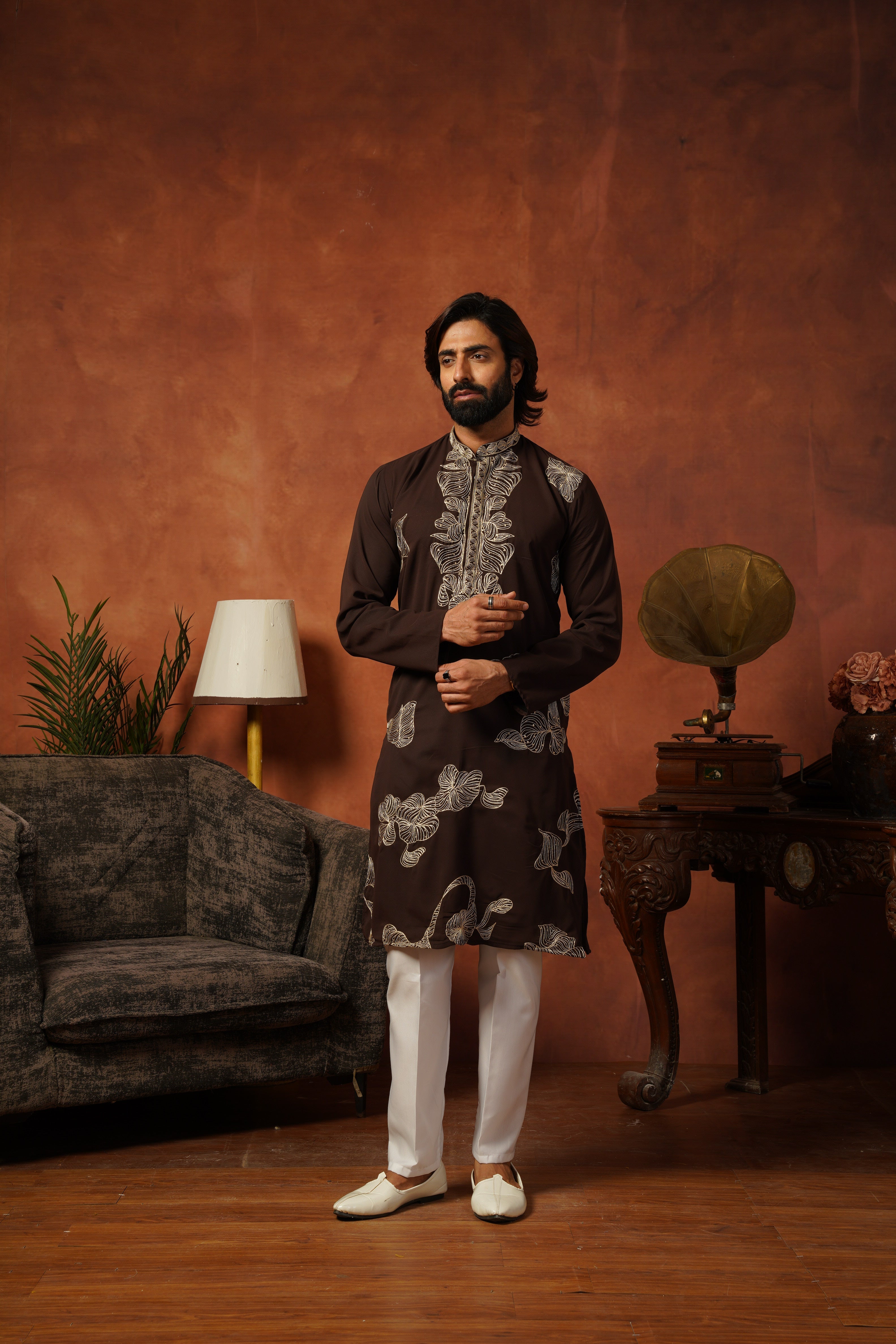 Shehnshah Premium Neckwork Embroidery Coffee Kurta Set