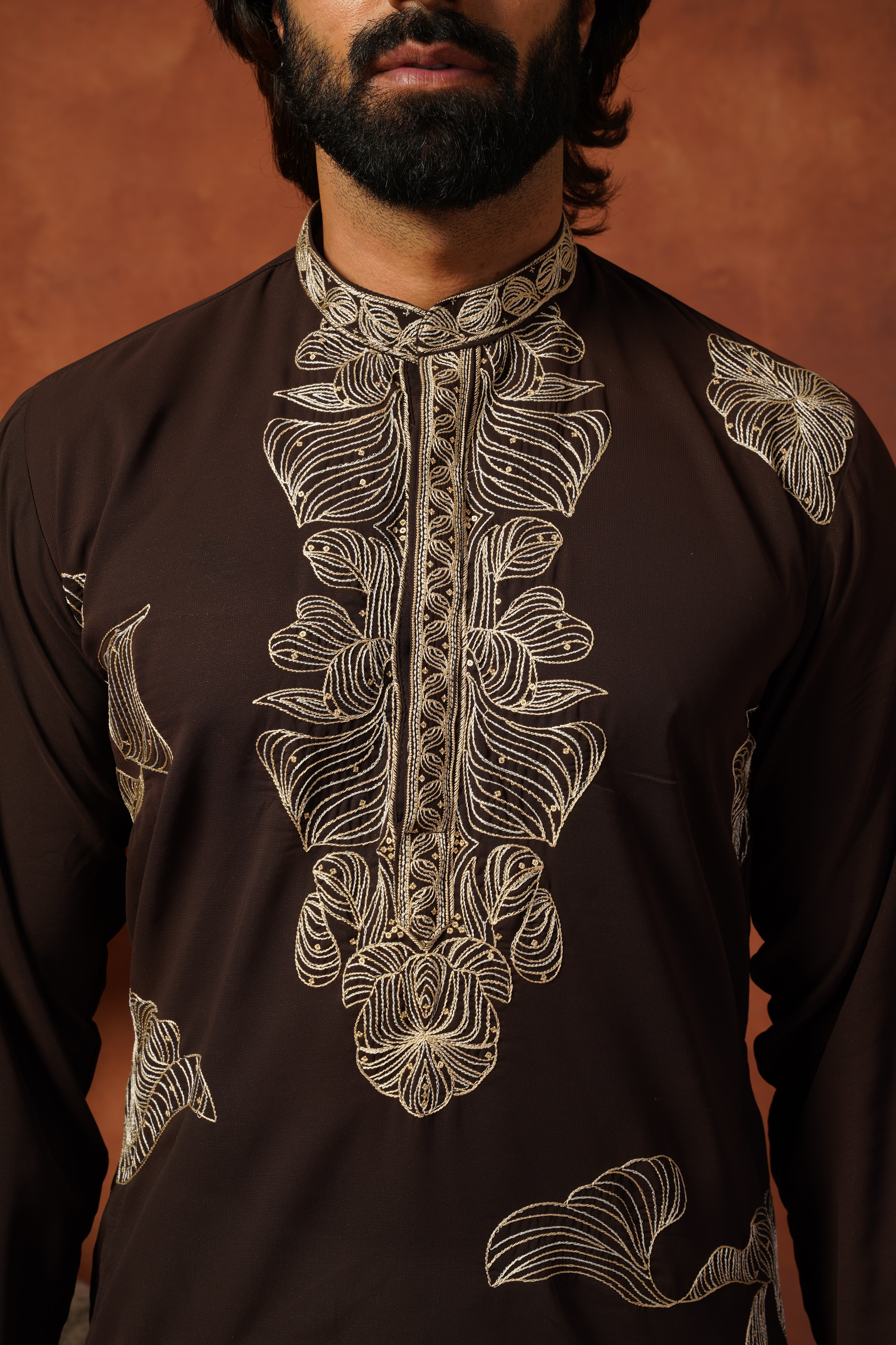 Shehnshah Premium Neckwork Embroidery Coffee Kurta Set