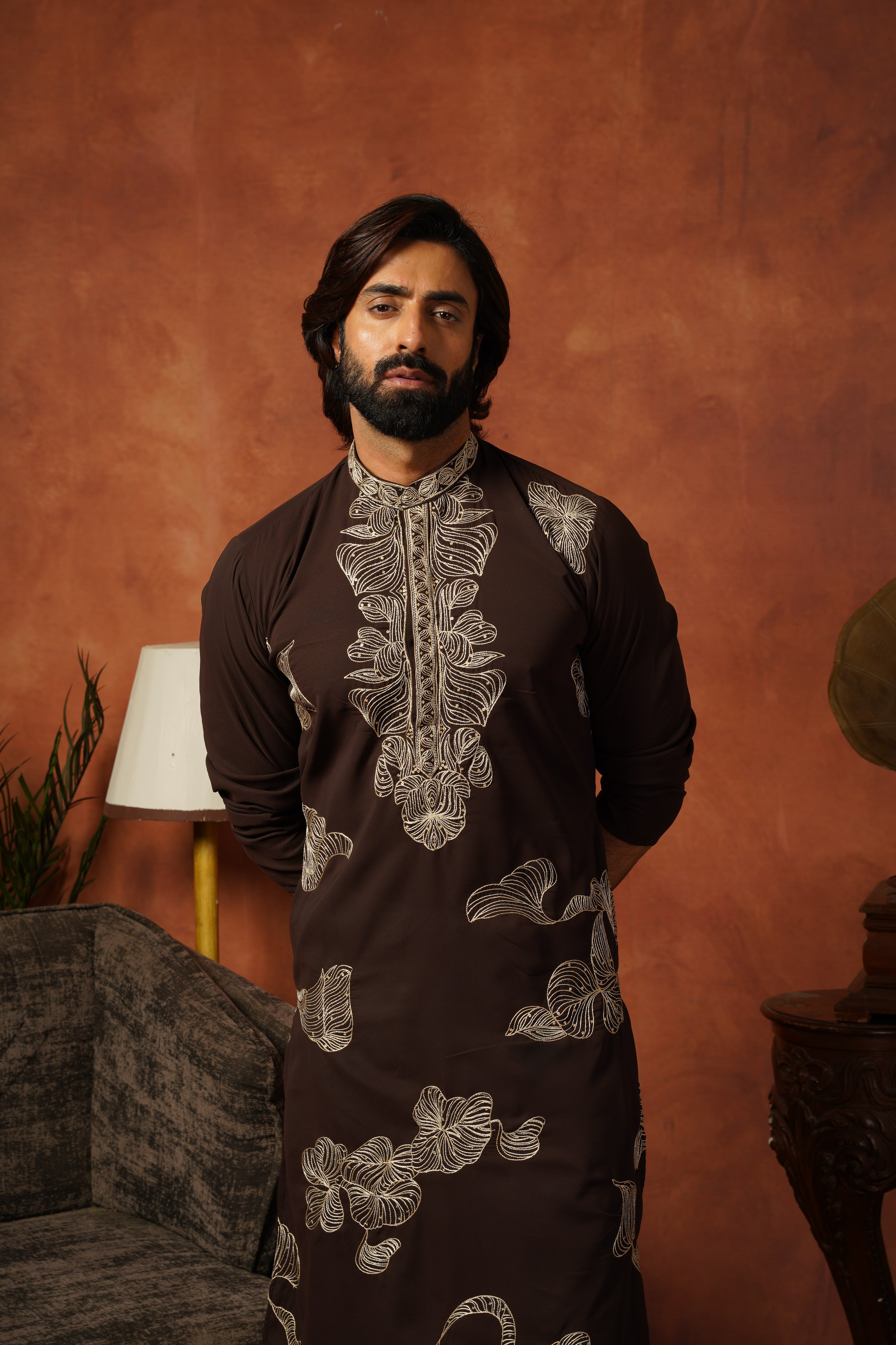 Shehnshah Premium Neckwork Embroidery Coffee Kurta Set