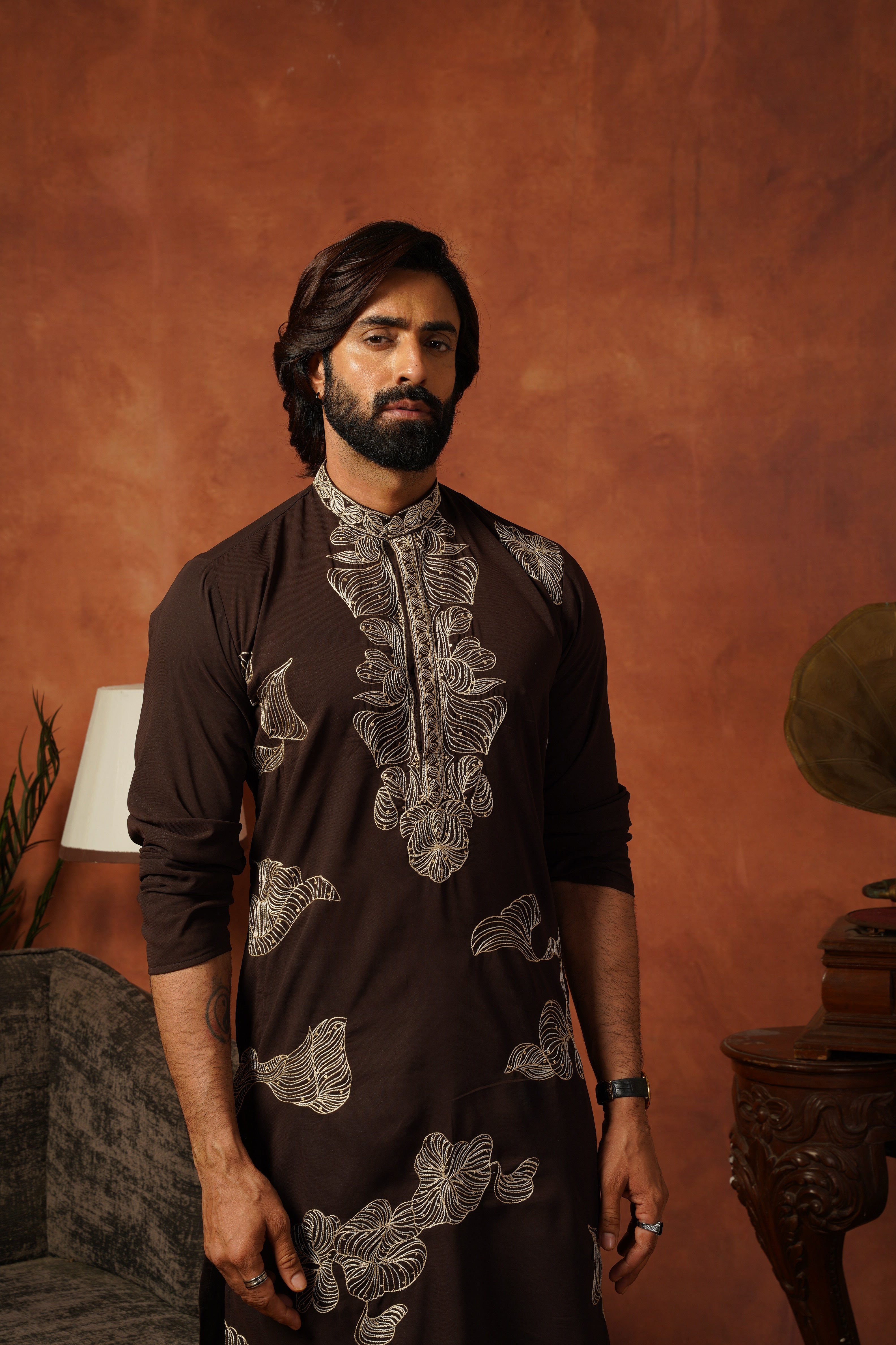Shehnshah Premium Neckwork Embroidery Coffee Kurta Set