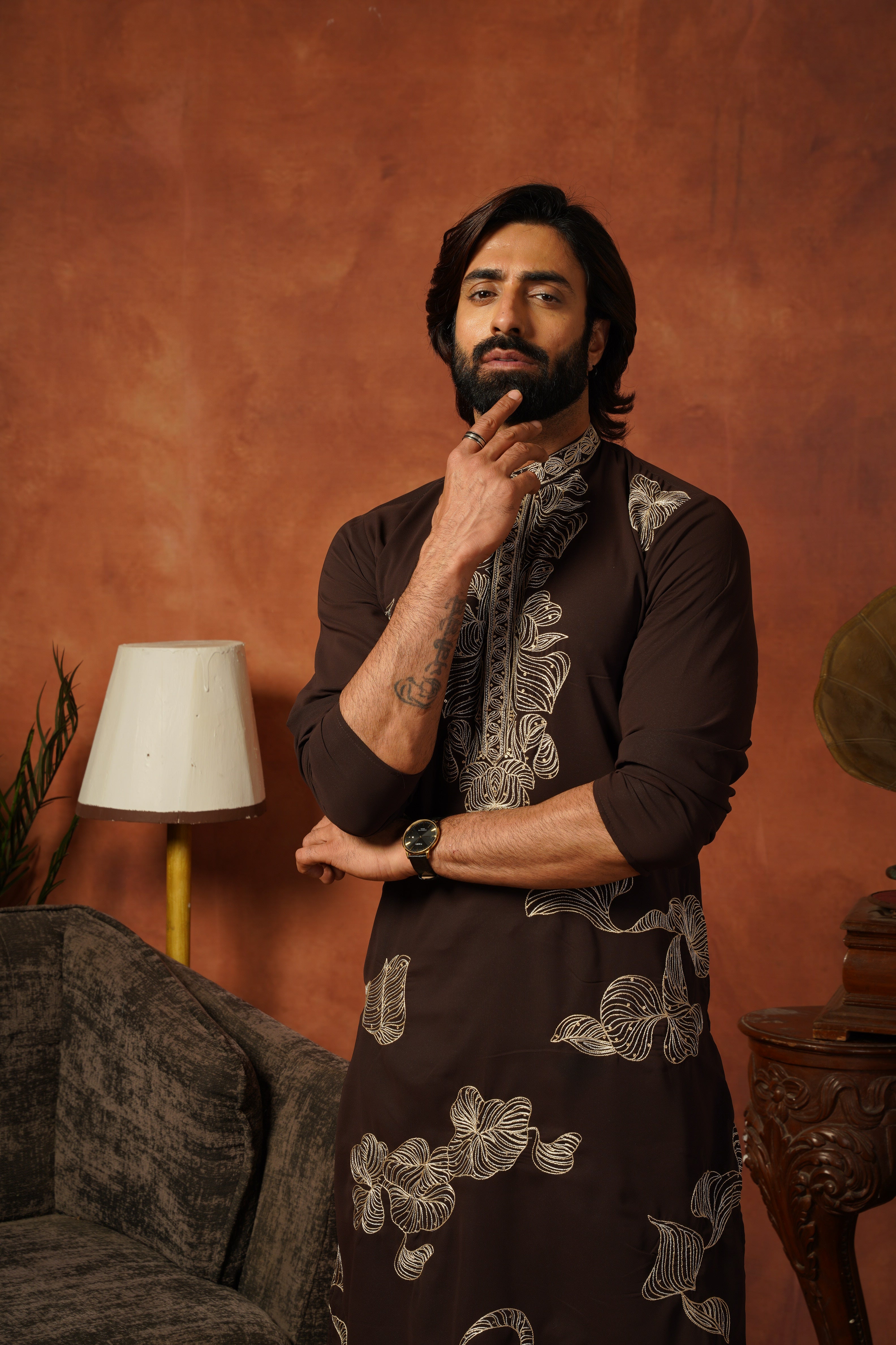 Shehnshah Premium Neckwork Embroidery Coffee Kurta Set