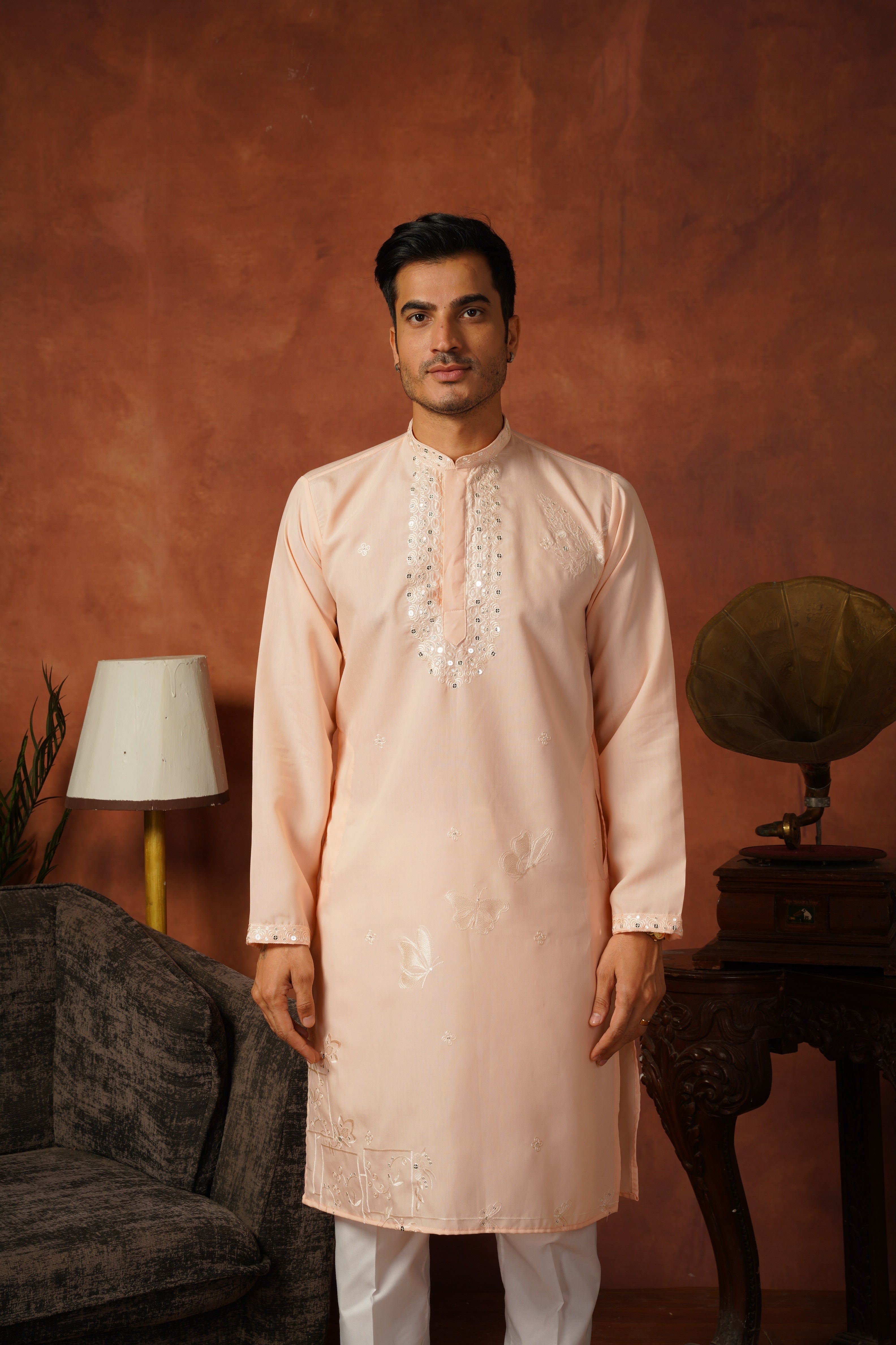 Mirror Detailing Embroidered Neckwork Peach Kurta Set