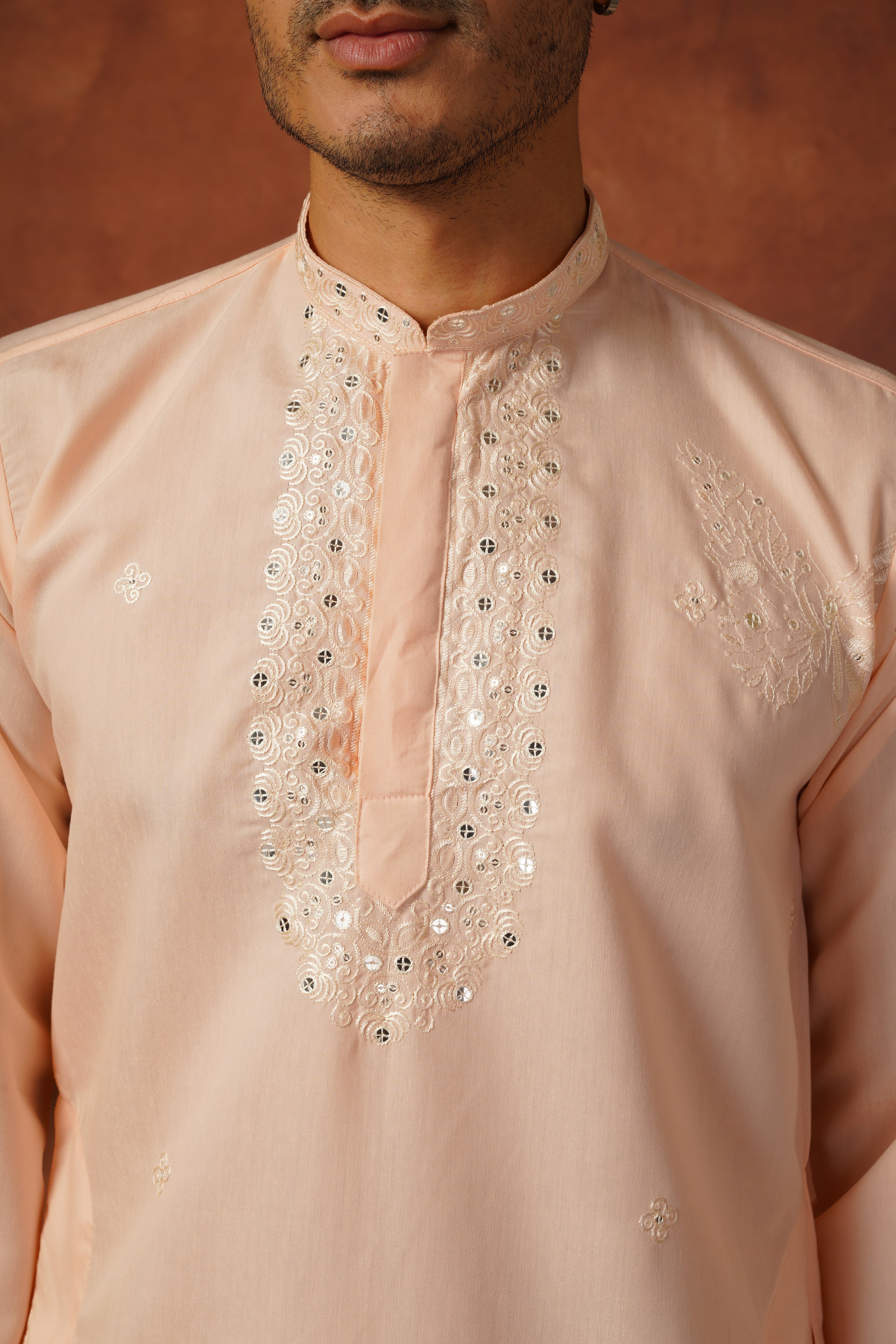 Mirror Detailing Embroidered Neckwork Peach Kurta Set