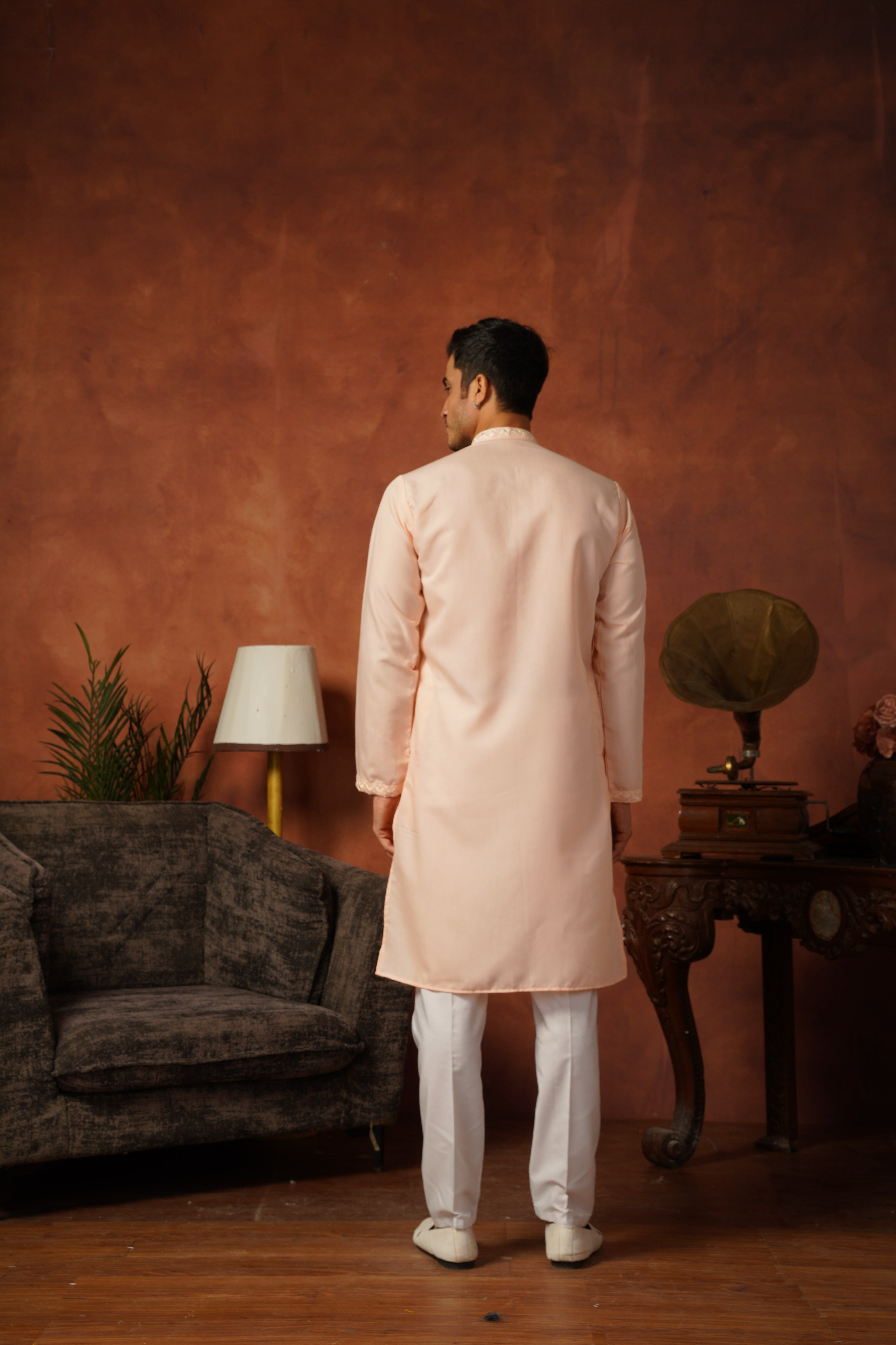 Mirror Detailing Embroidered Neckwork Peach Kurta Set