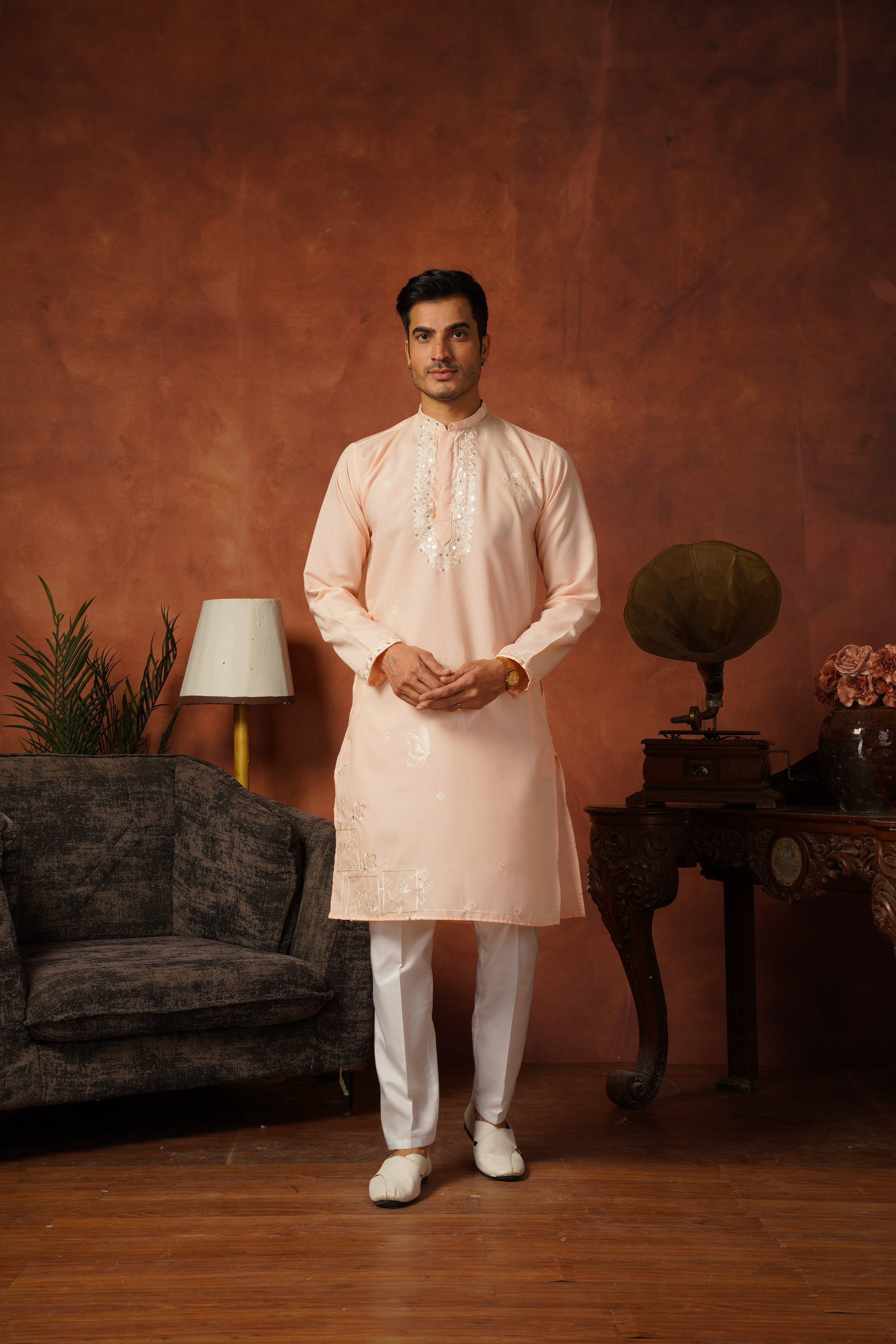 Mirror Detailing Embroidered Neckwork Peach Kurta Set