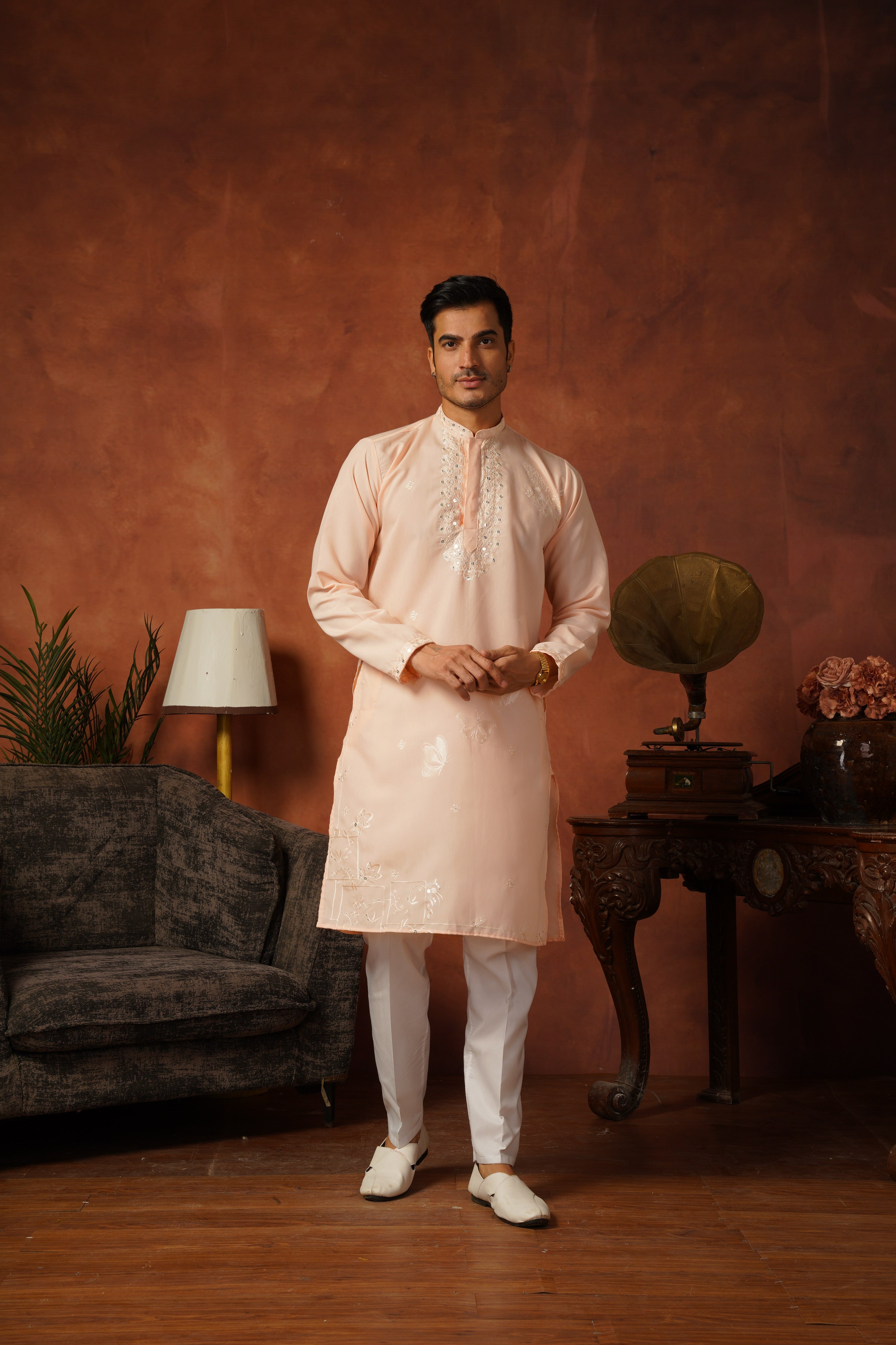 Mirror Detailing Embroidered Neckwork Peach Kurta Set