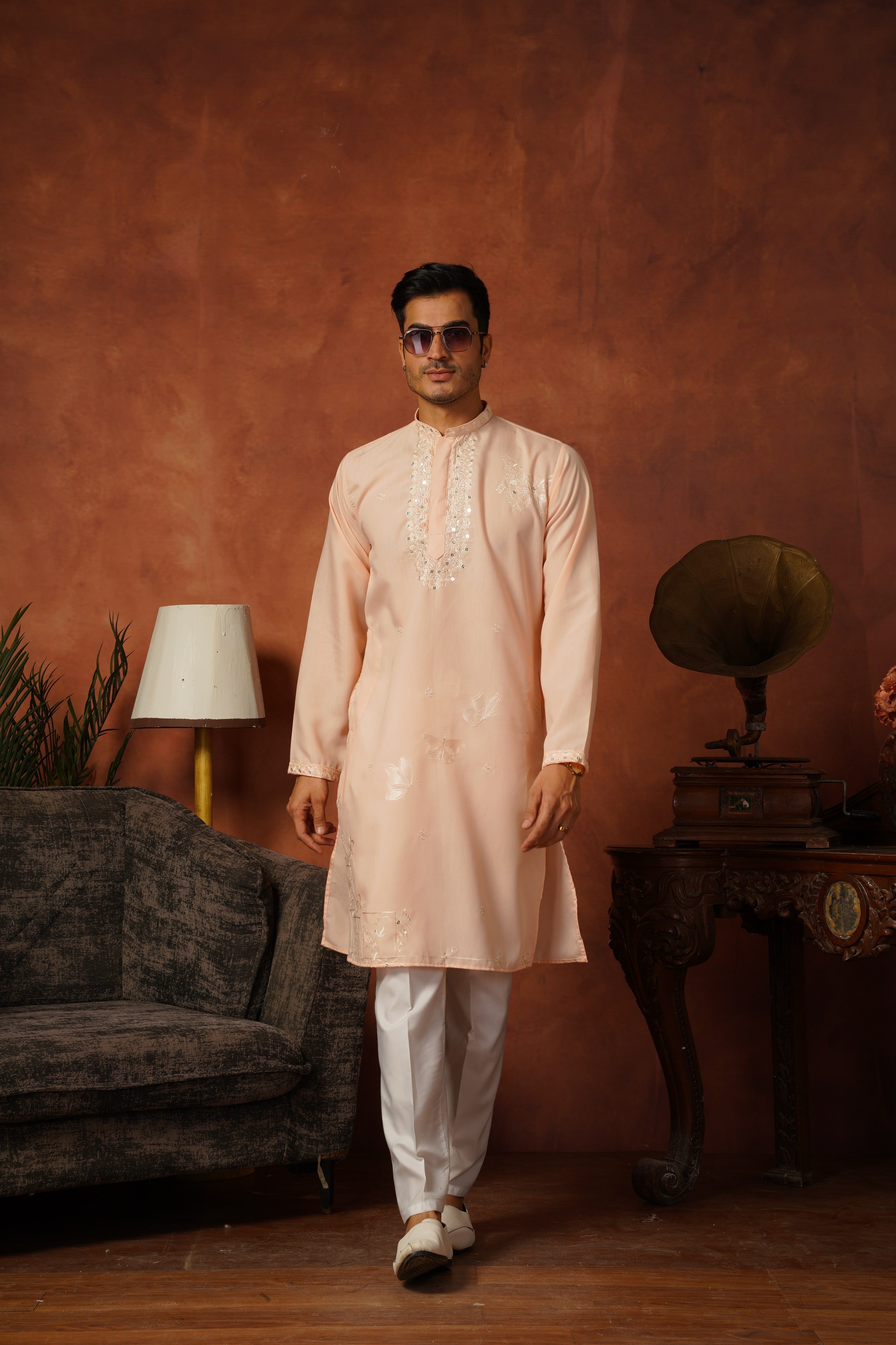 Mirror Detailing Embroidered Neckwork Peach Kurta Set