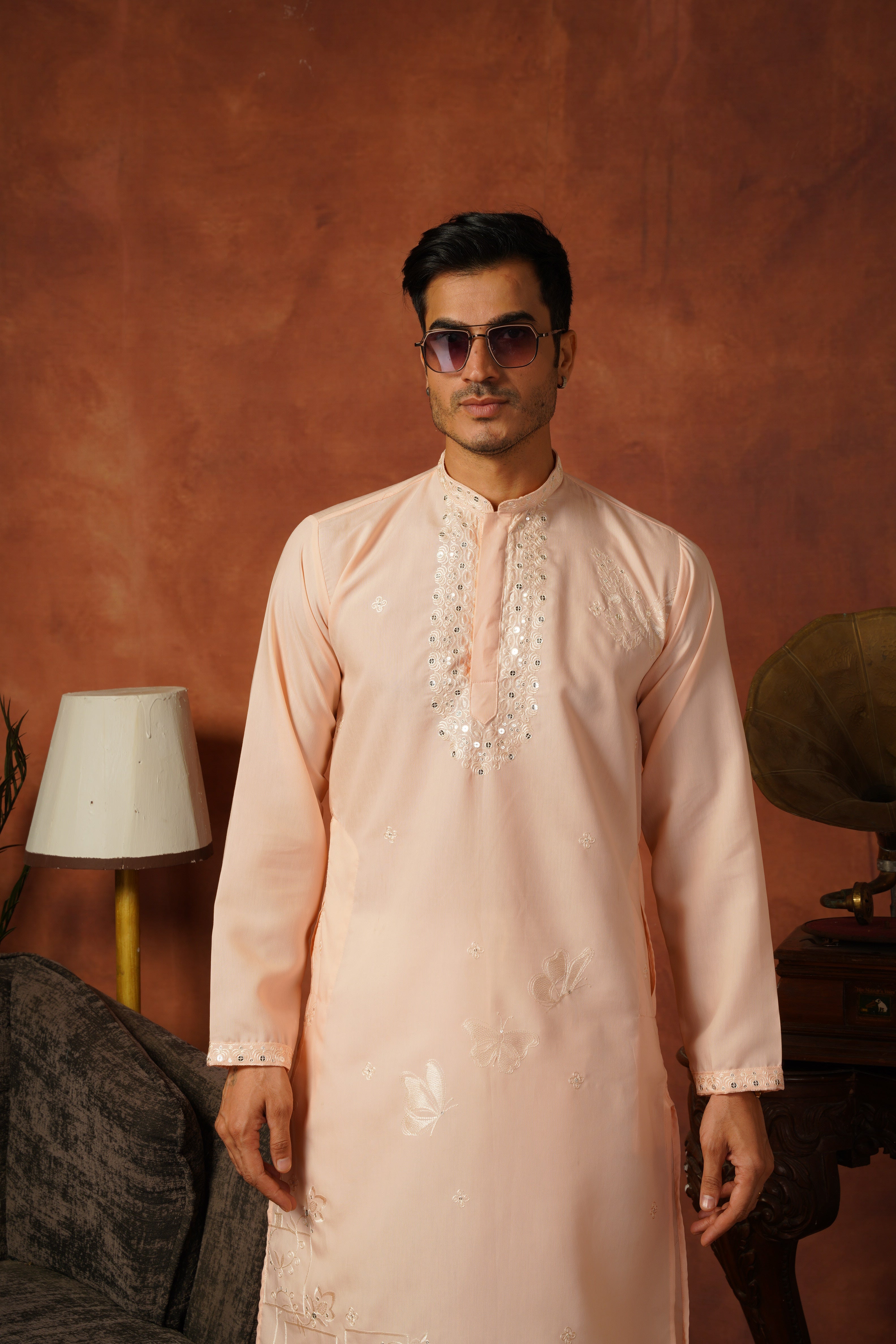 Mirror Detailing Embroidered Neckwork Peach Kurta Set