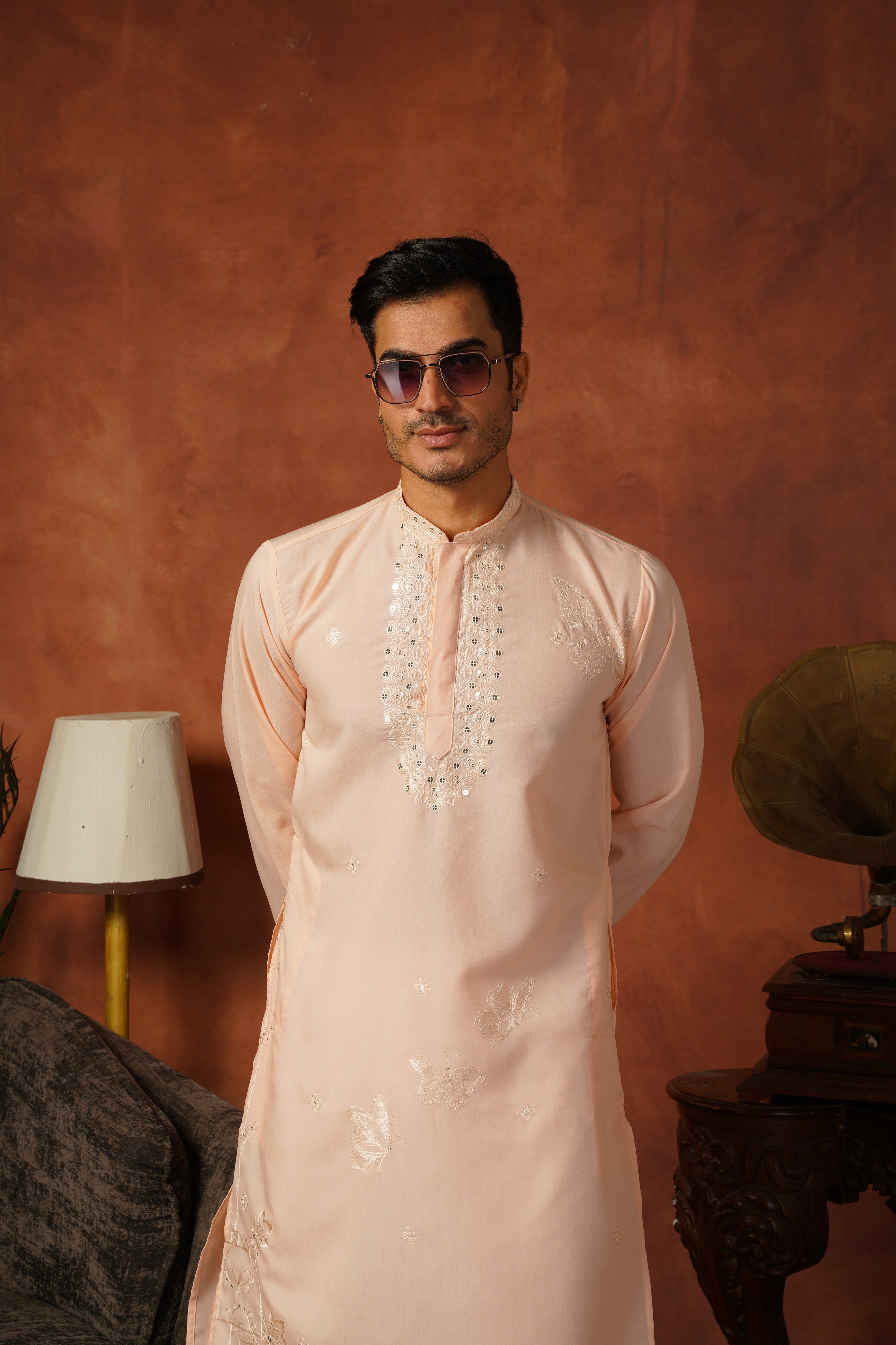 Mirror Detailing Embroidered Neckwork Peach Kurta Set