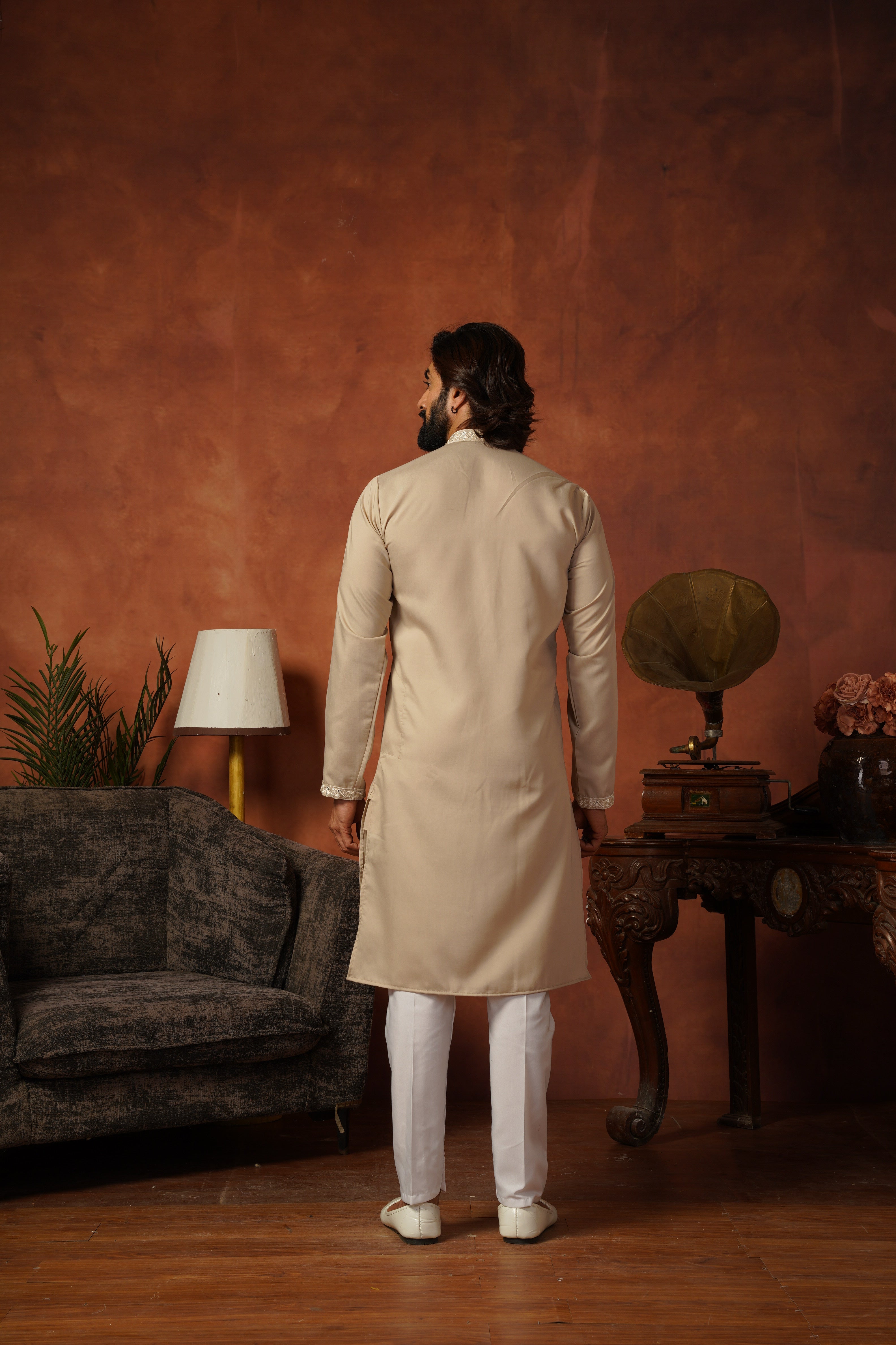 Mirror Detailing Embroidered Neckwork Light Brown Kurta Set