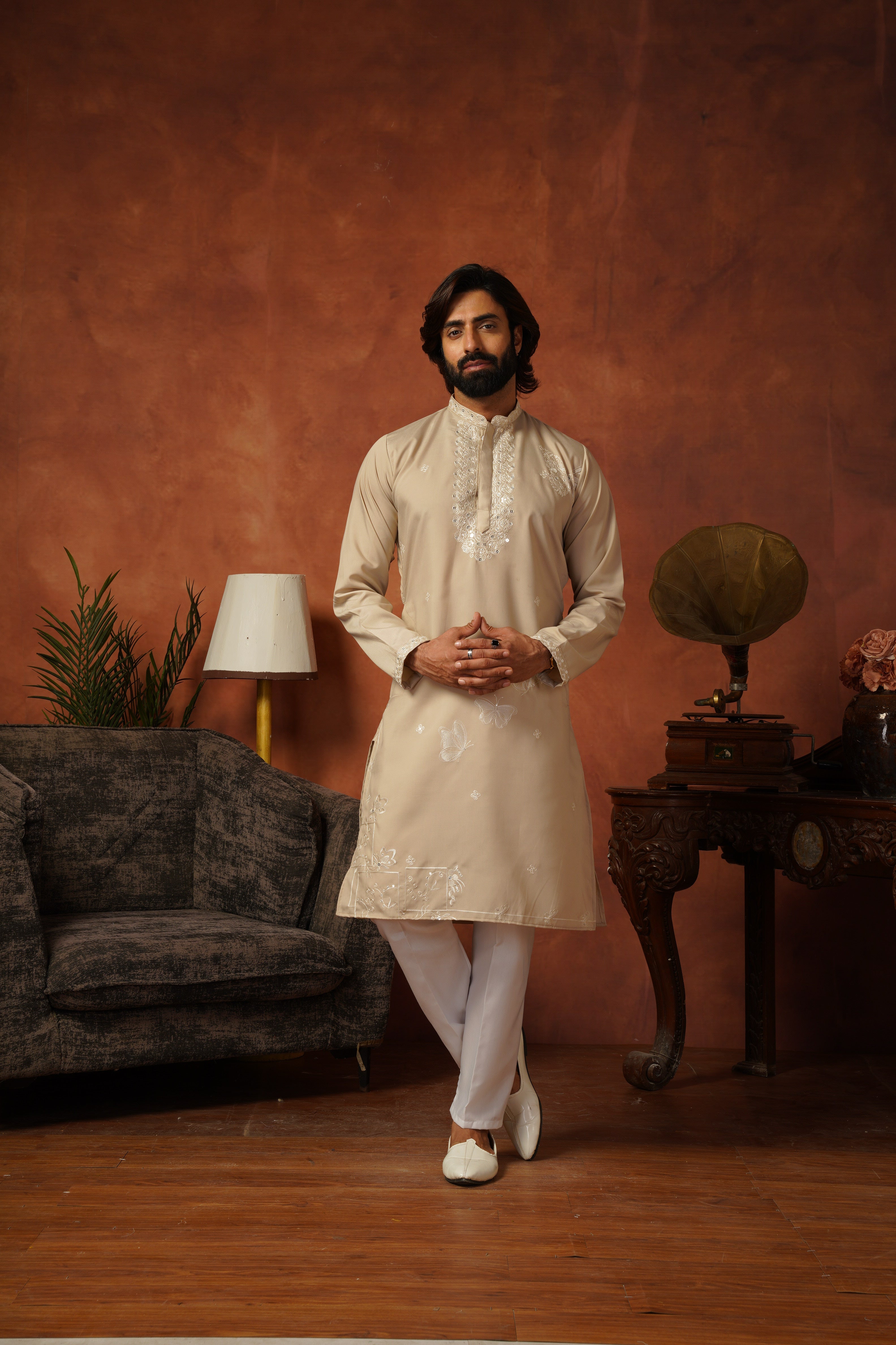 Mirror Detailing Embroidered Neckwork Light Brown Kurta Set