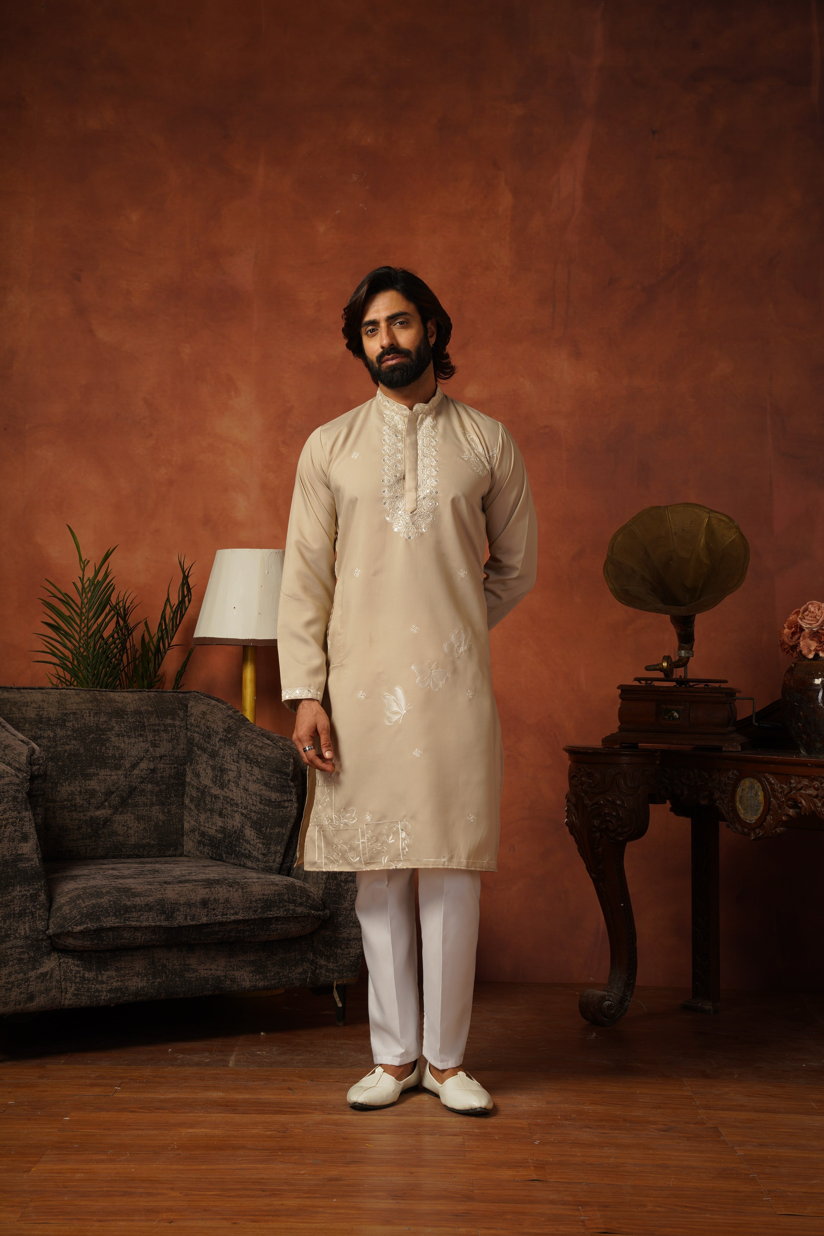 Mirror Detailing Embroidered Neckwork Light Brown Kurta Set