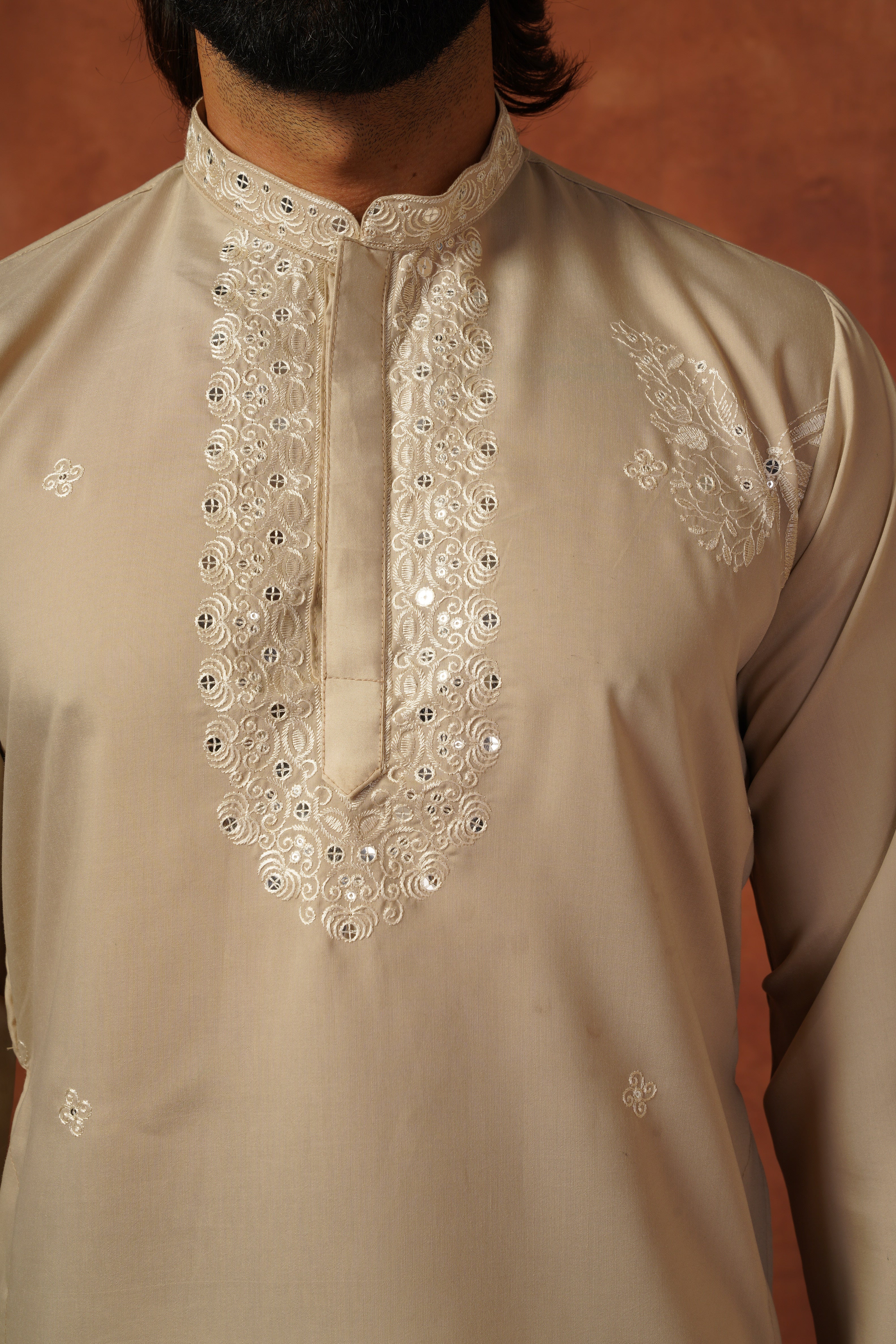 Mirror Detailing Embroidered Neckwork Light Brown Kurta Set