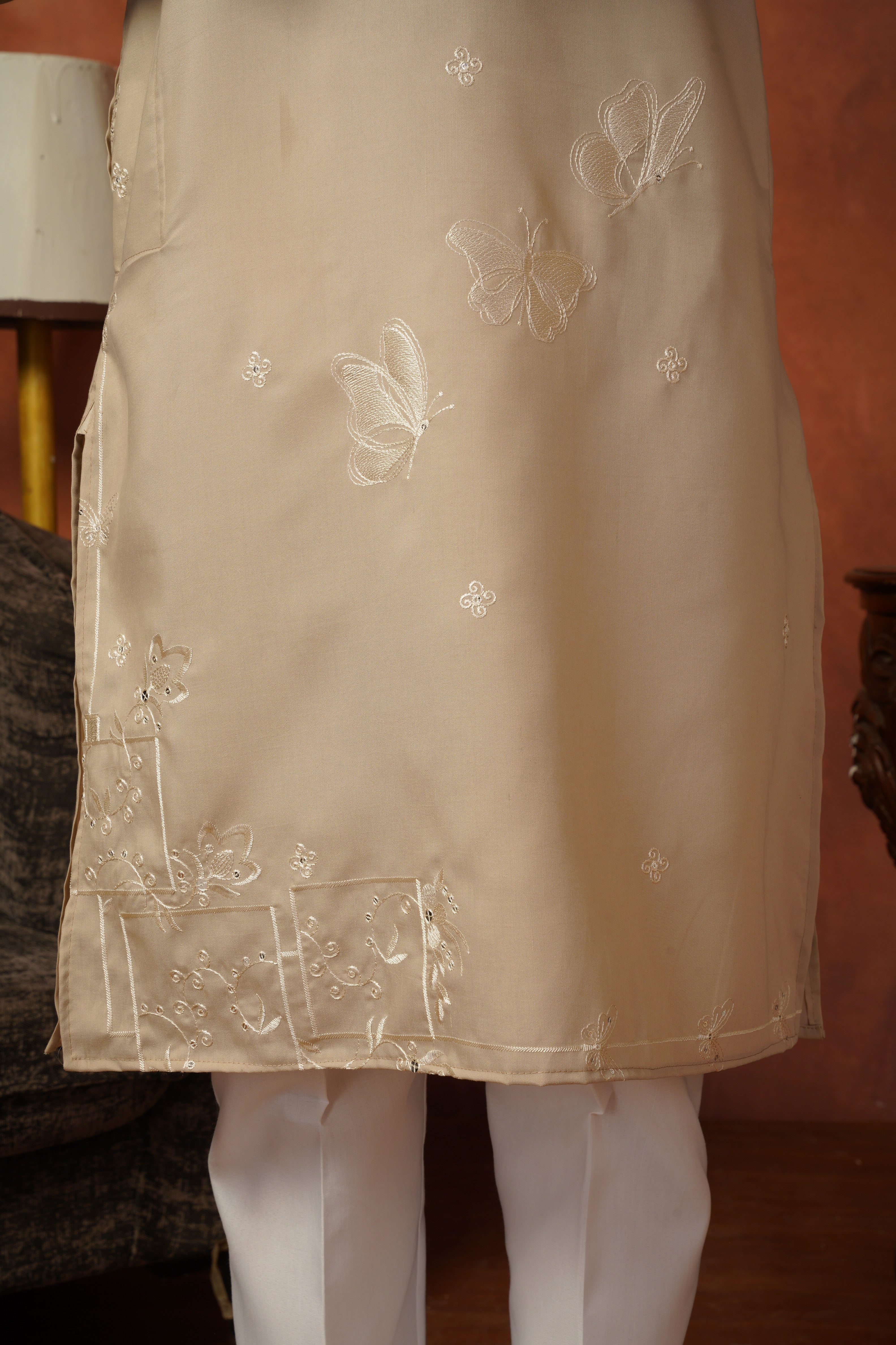 Mirror Detailing Embroidered Neckwork Light Brown Kurta Set