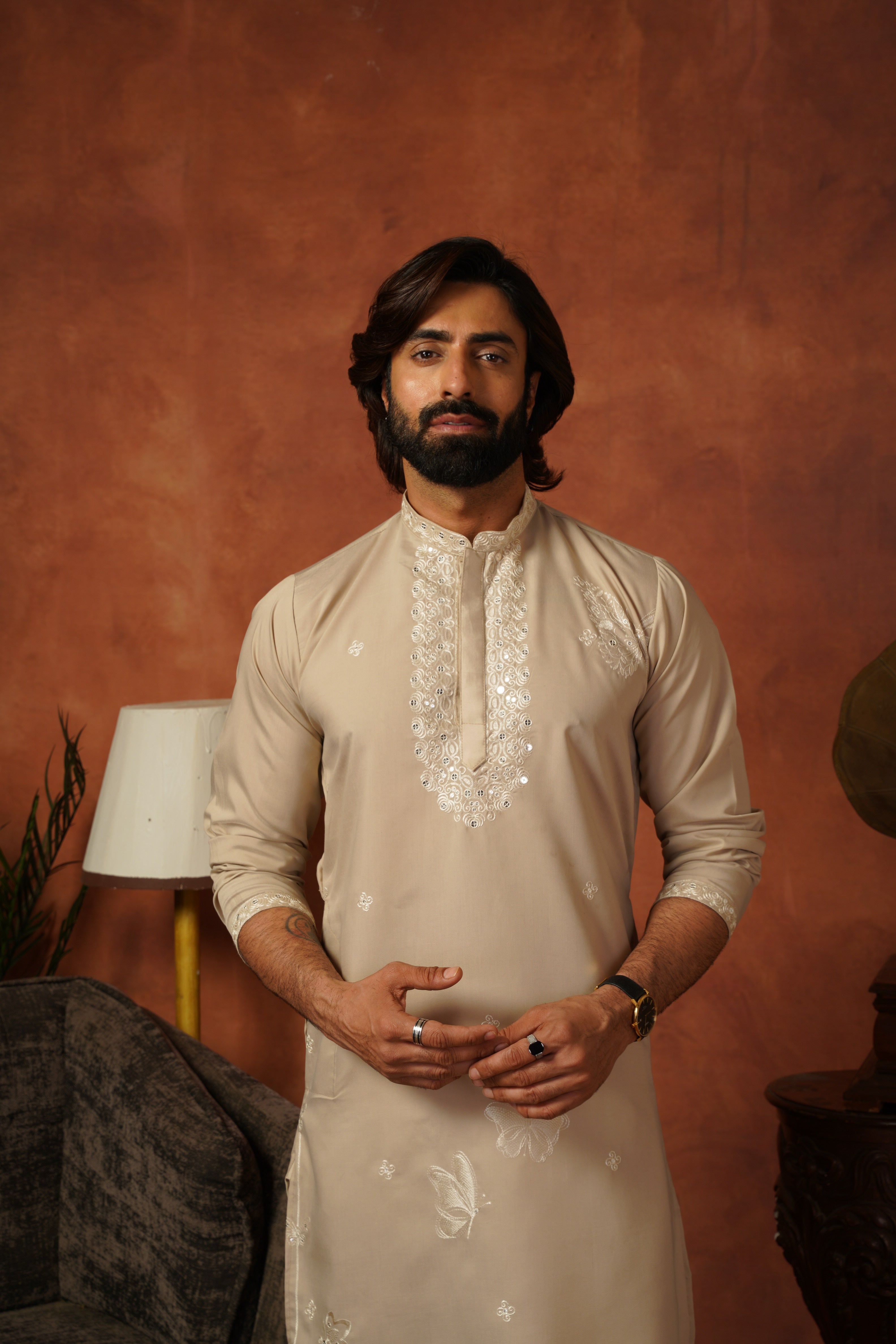 Mirror Detailing Embroidered Neckwork Light Brown Kurta Set