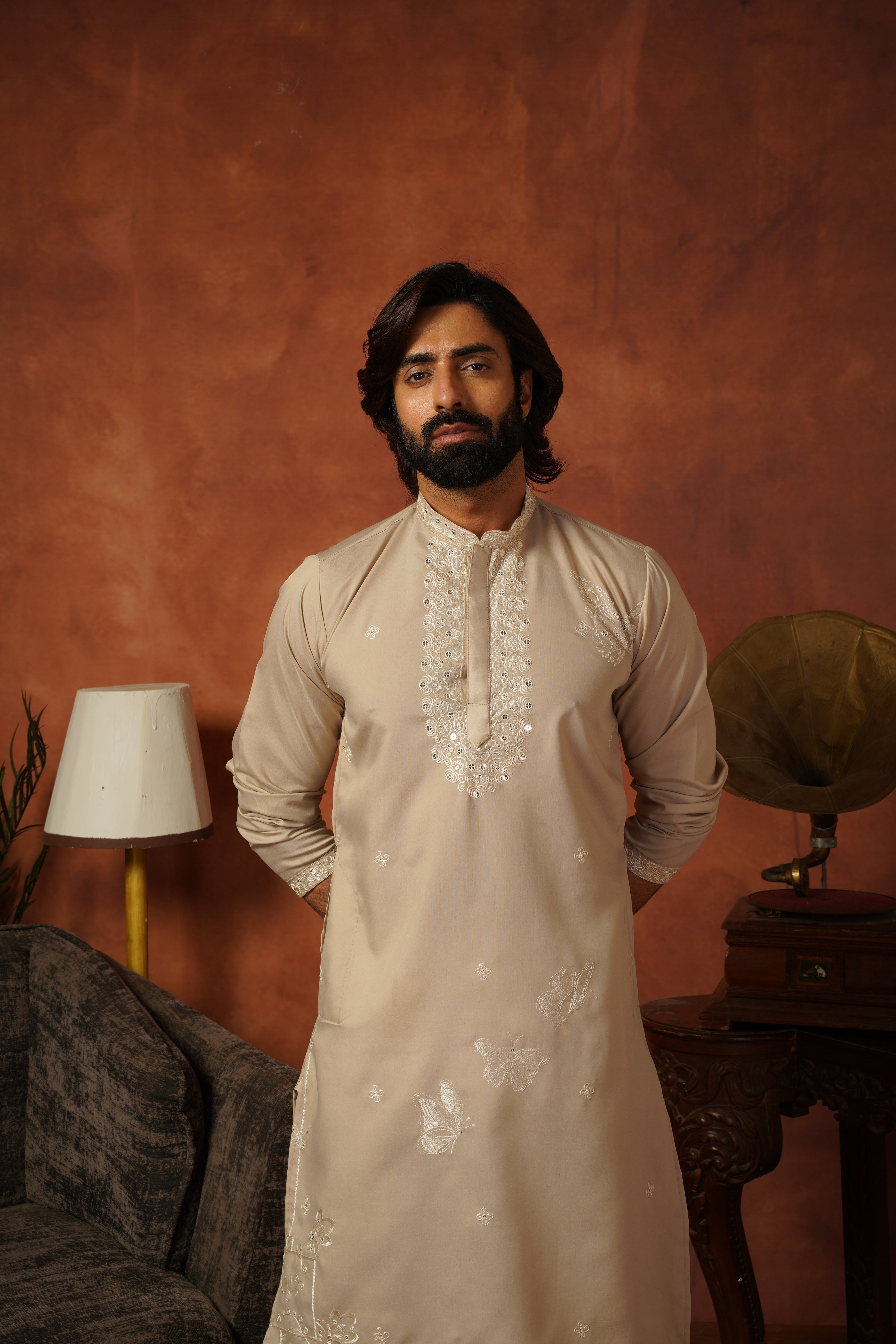 Mirror Detailing Embroidered Neckwork Light Brown Kurta Set
