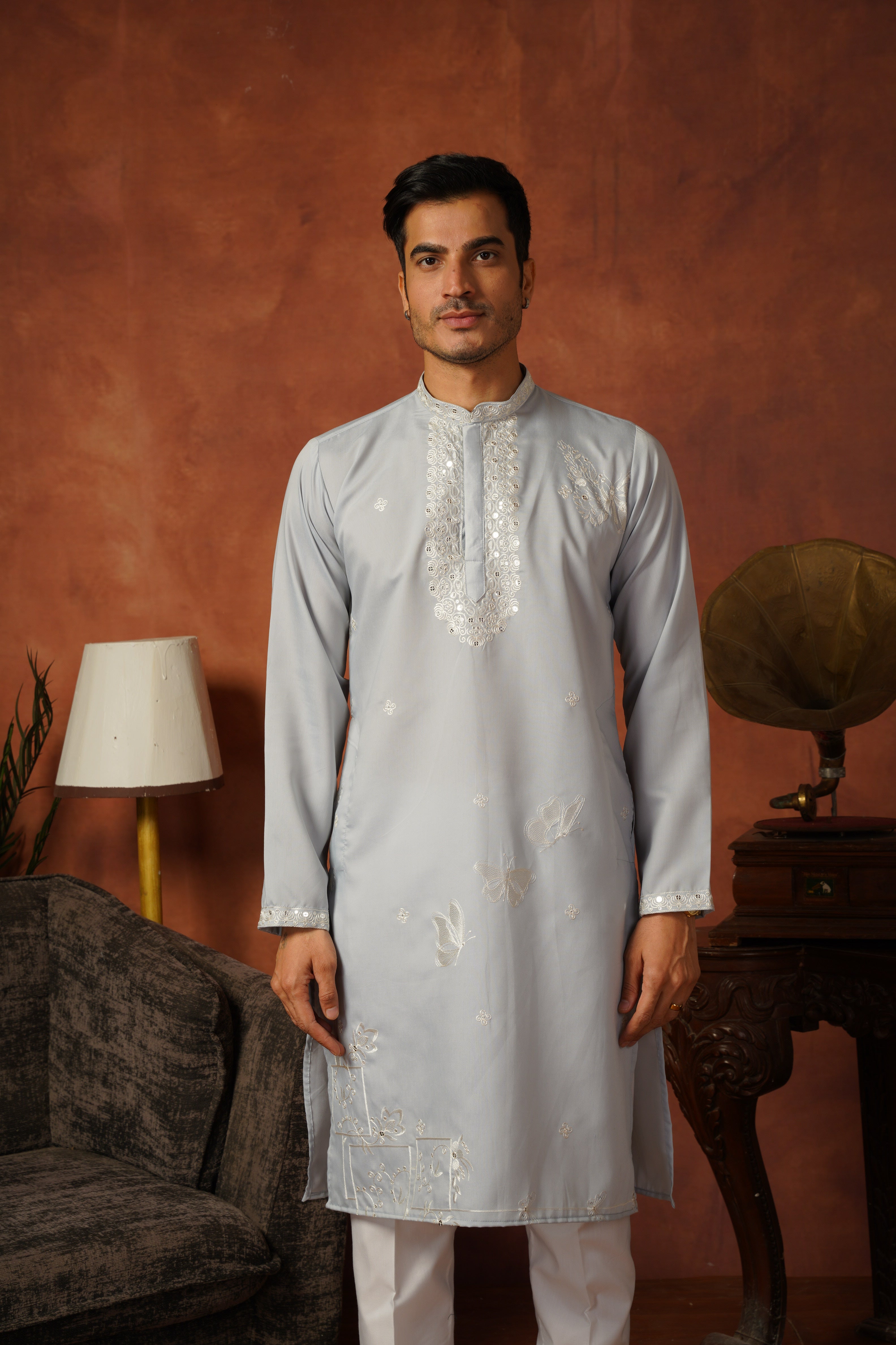 Mirror Detailing Embroidered Neckwork Blue Kurta Set