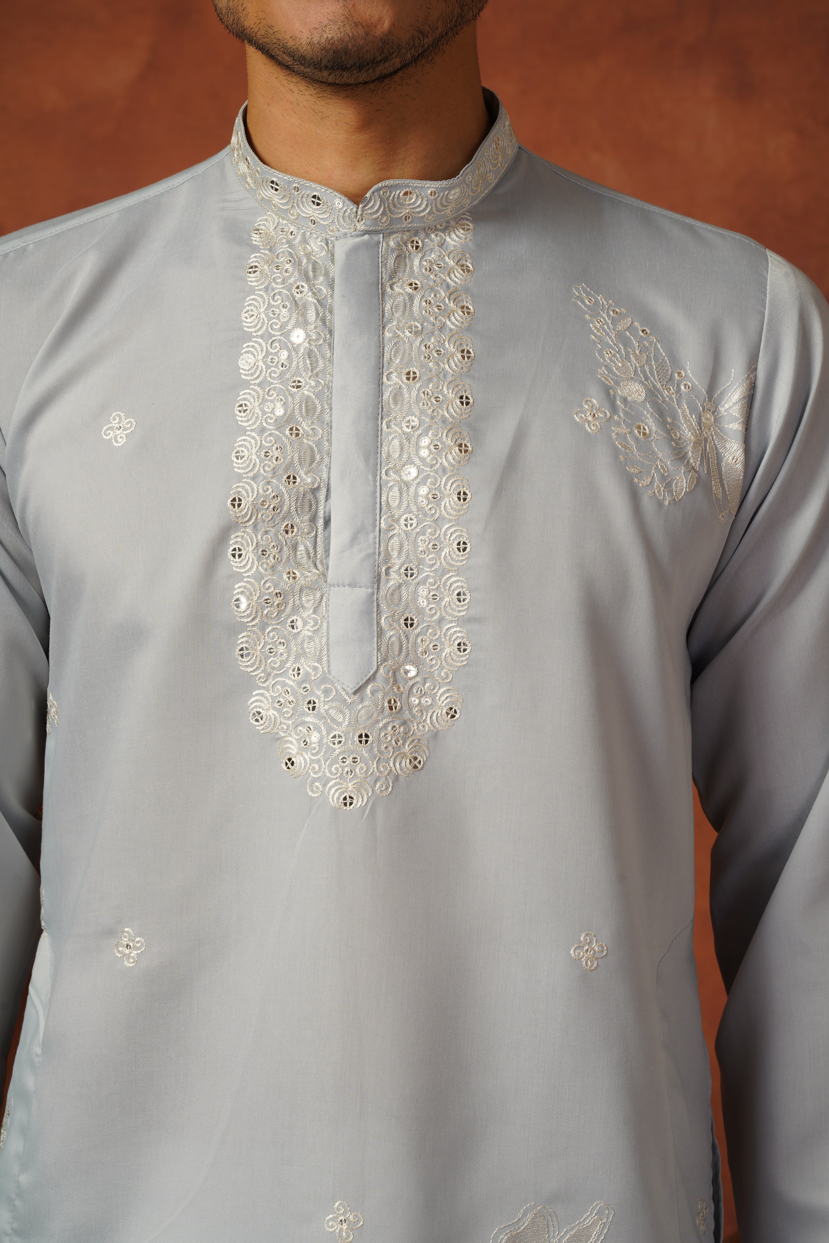 Mirror Detailing Embroidered Neckwork Blue Kurta Set
