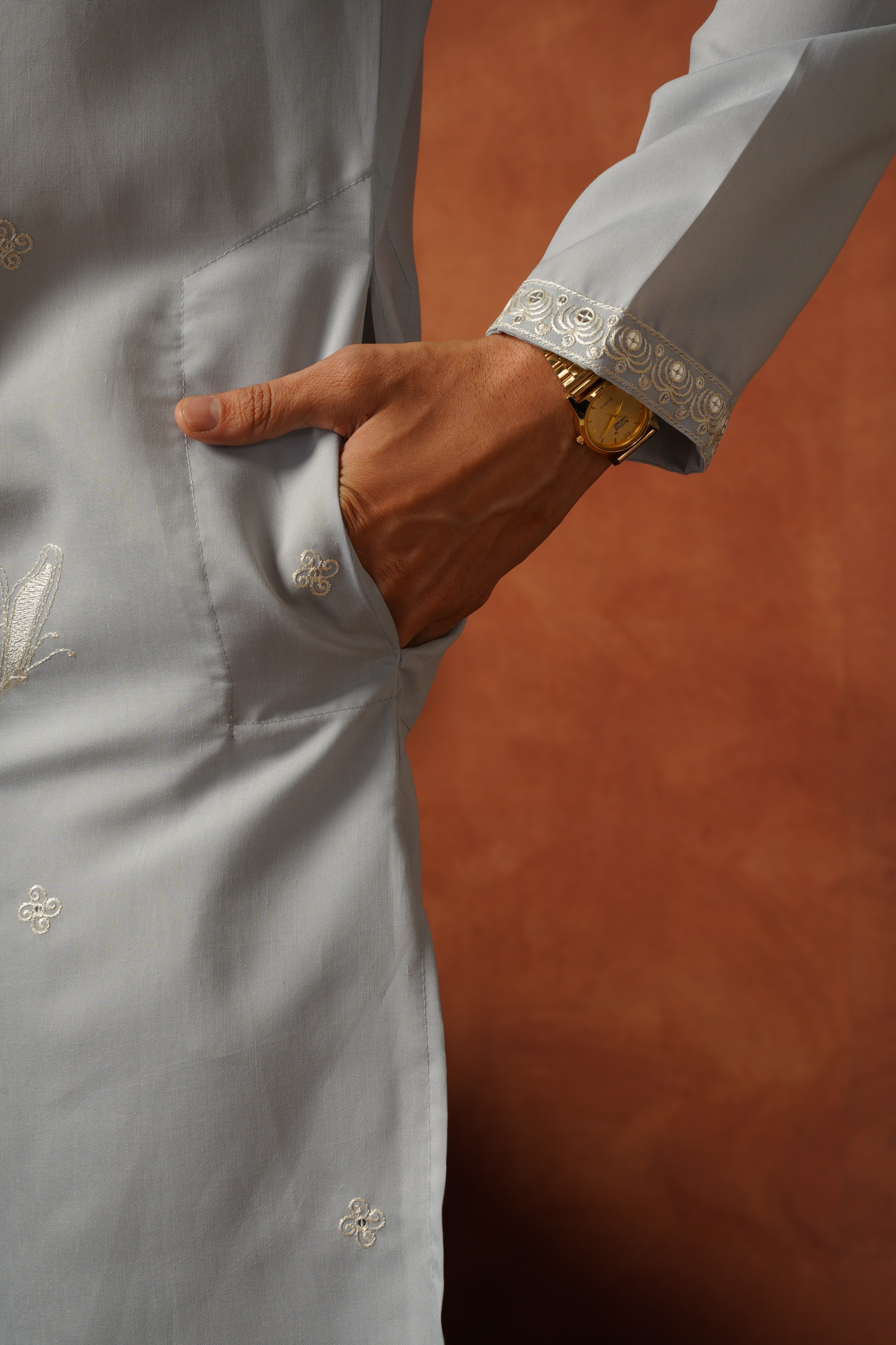 Mirror Detailing Embroidered Neckwork Blue Kurta Set