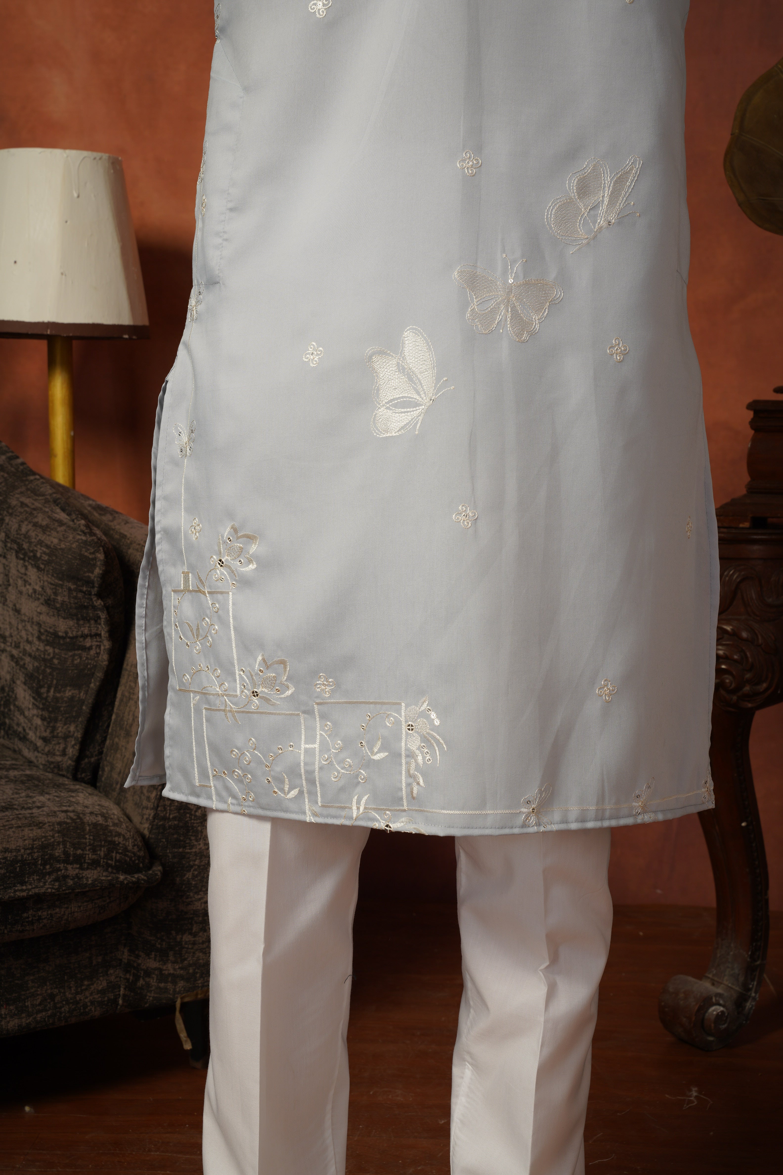 Mirror Detailing Embroidered Neckwork Blue Kurta Set