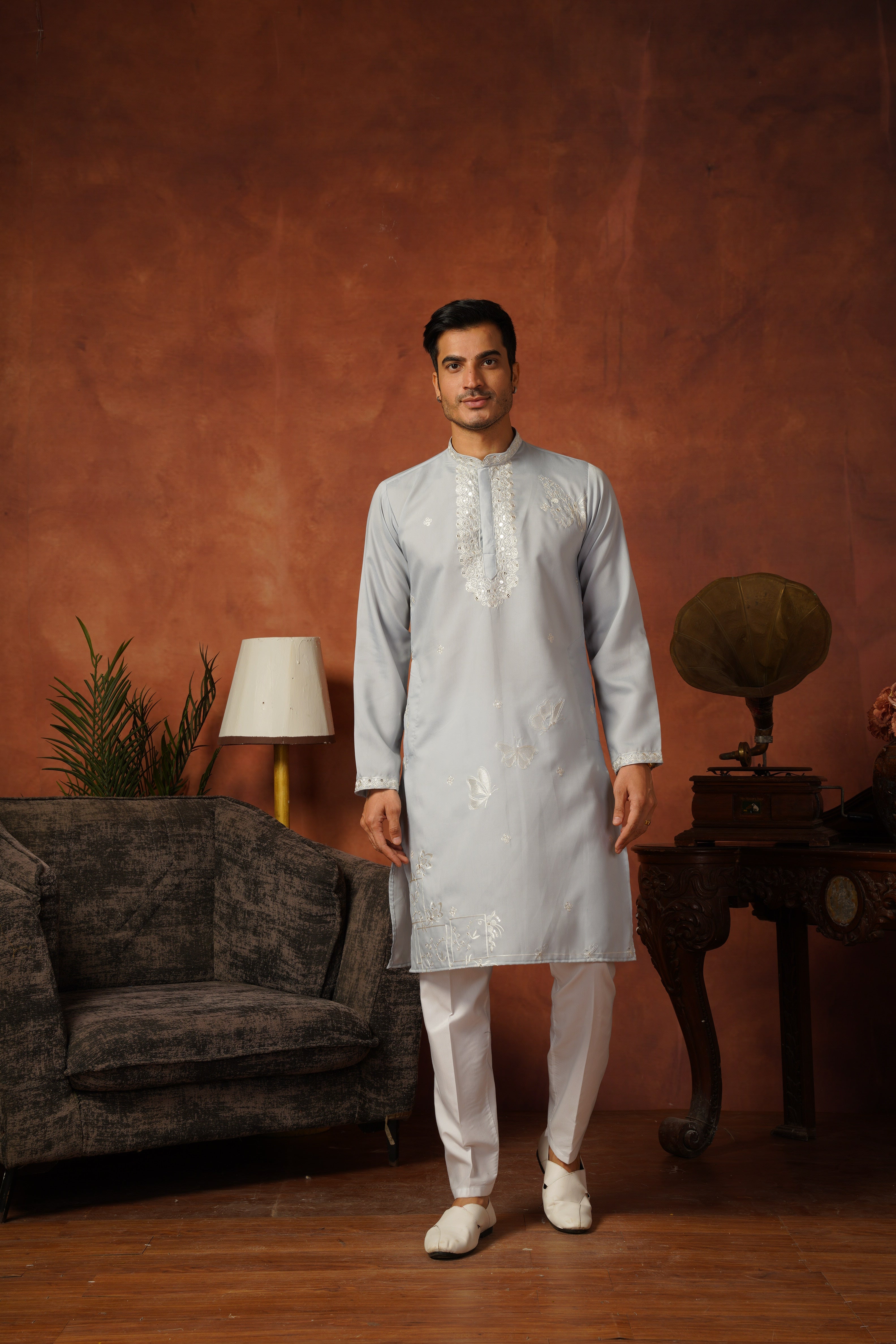 Mirror Detailing Embroidered Neckwork Blue Kurta Set