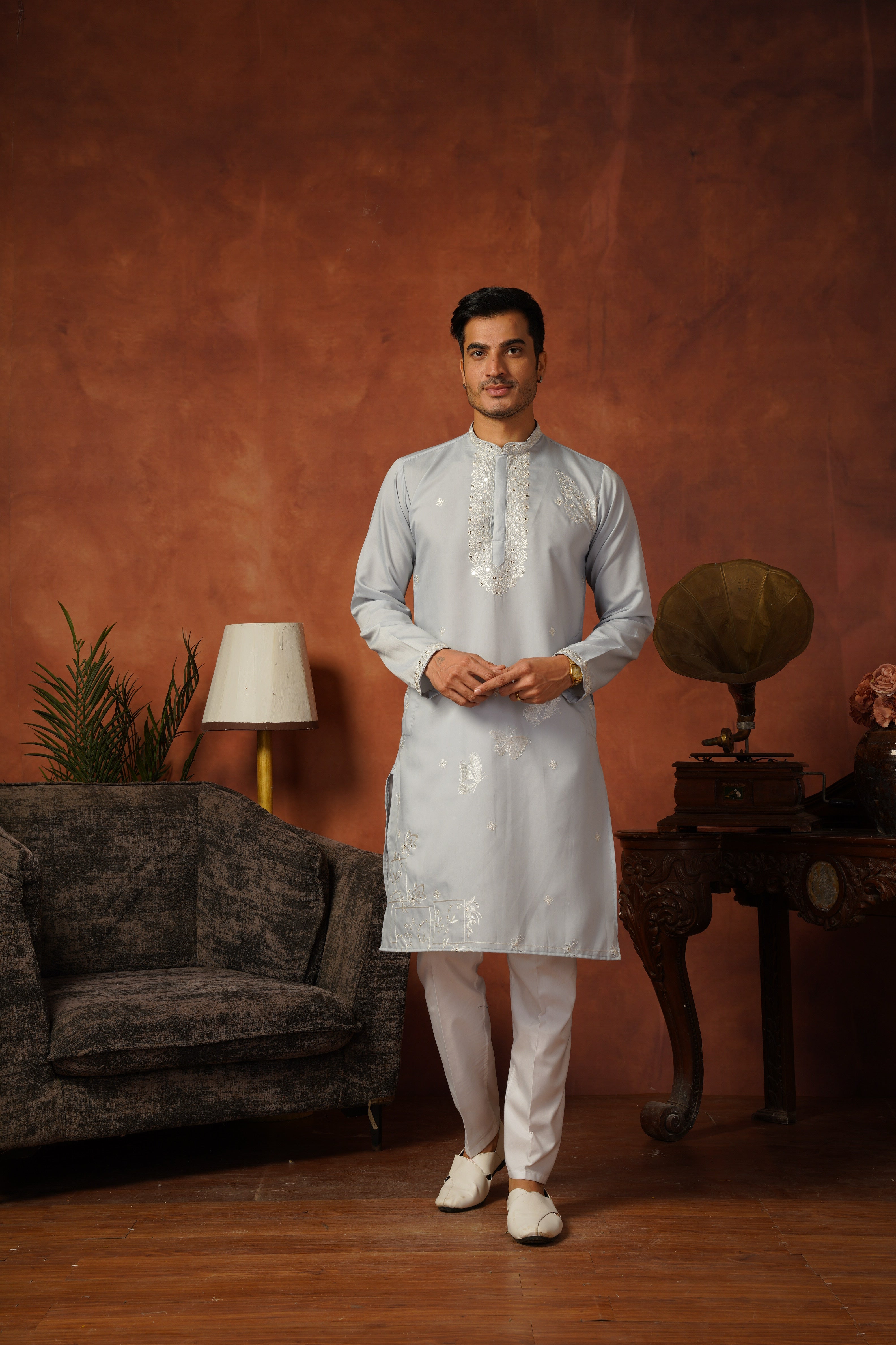 Mirror Detailing Embroidered Neckwork Blue Kurta Set