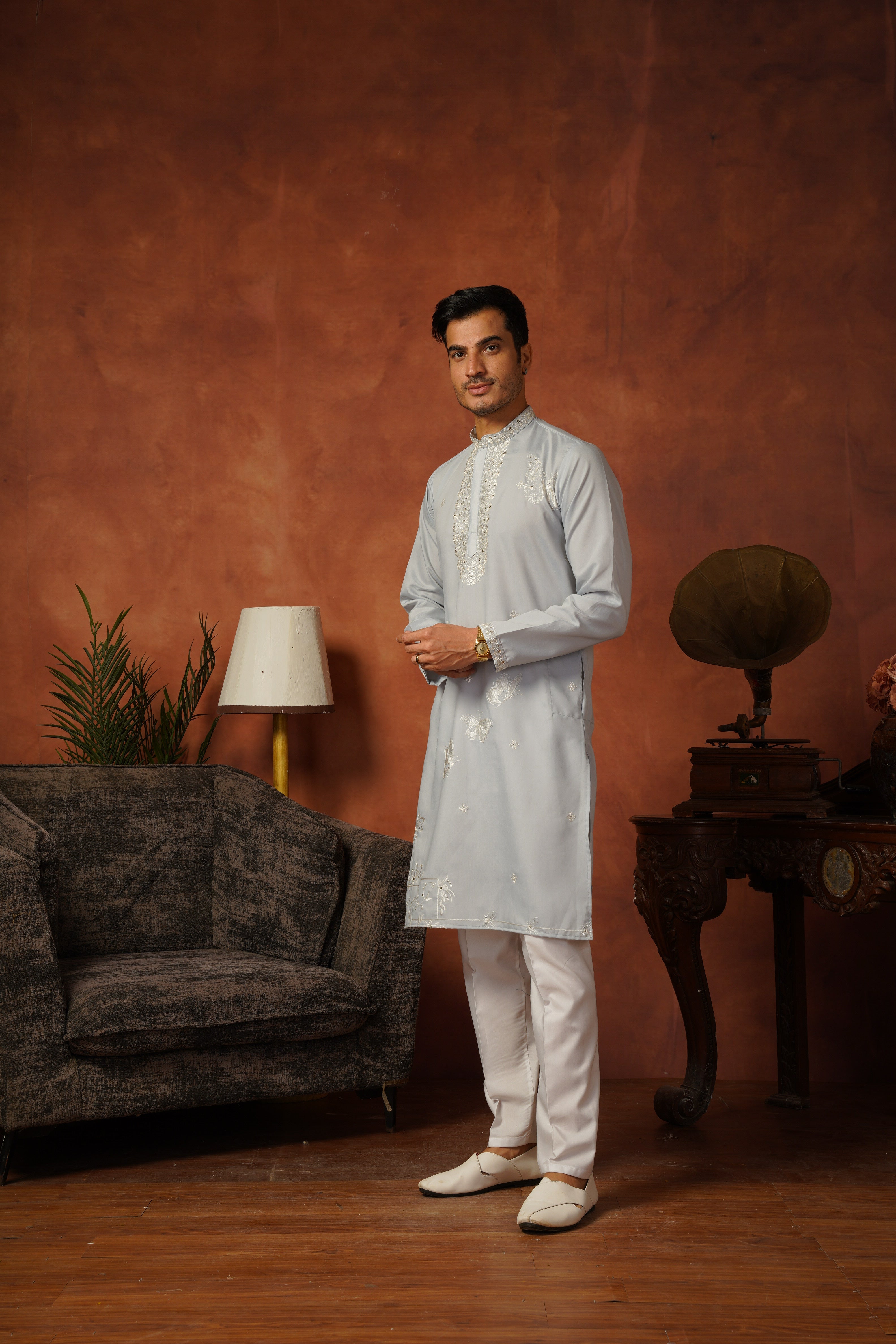 Mirror Detailing Embroidered Neckwork Blue Kurta Set
