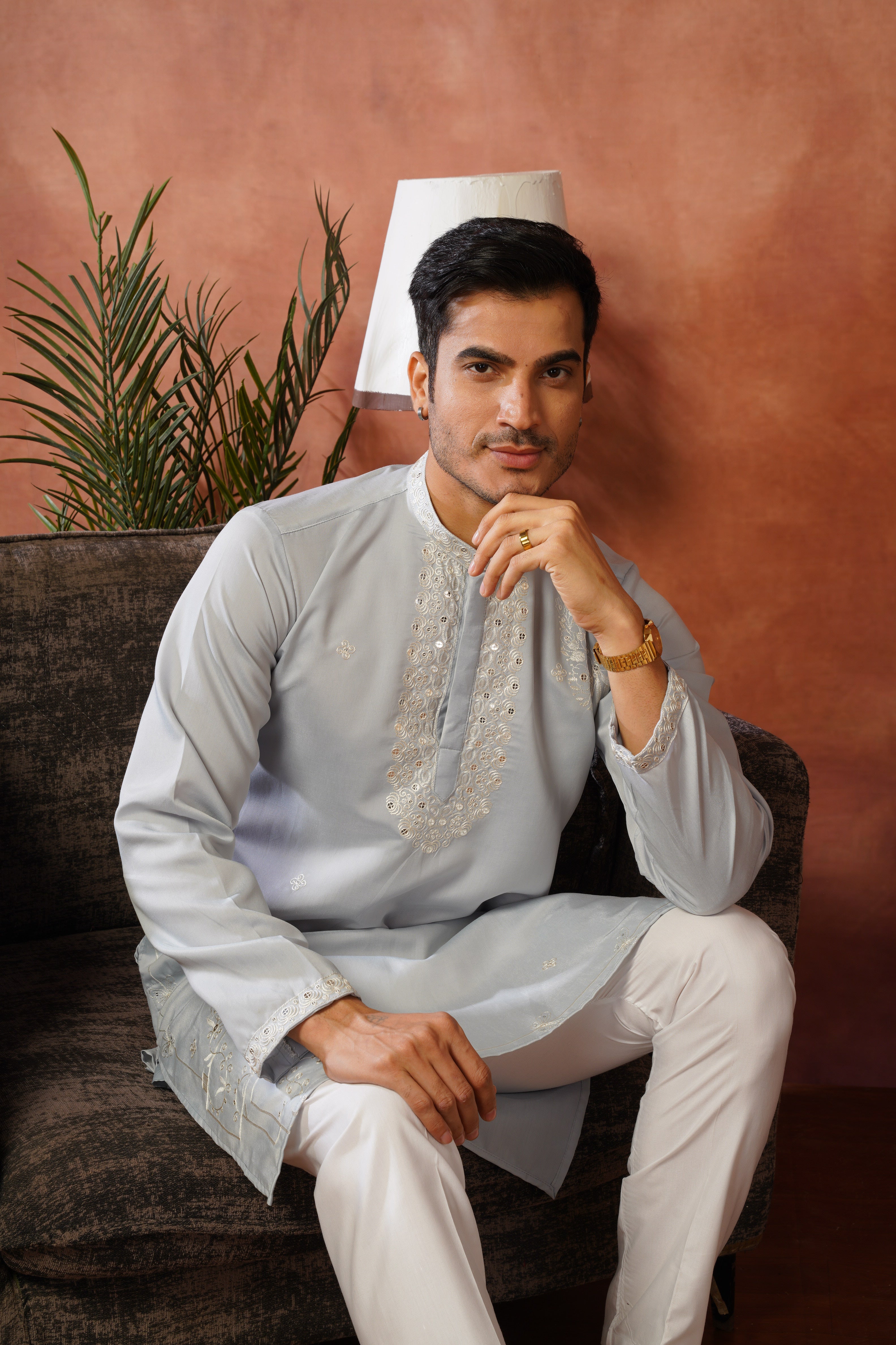 Mirror Detailing Embroidered Neckwork Blue Kurta Set