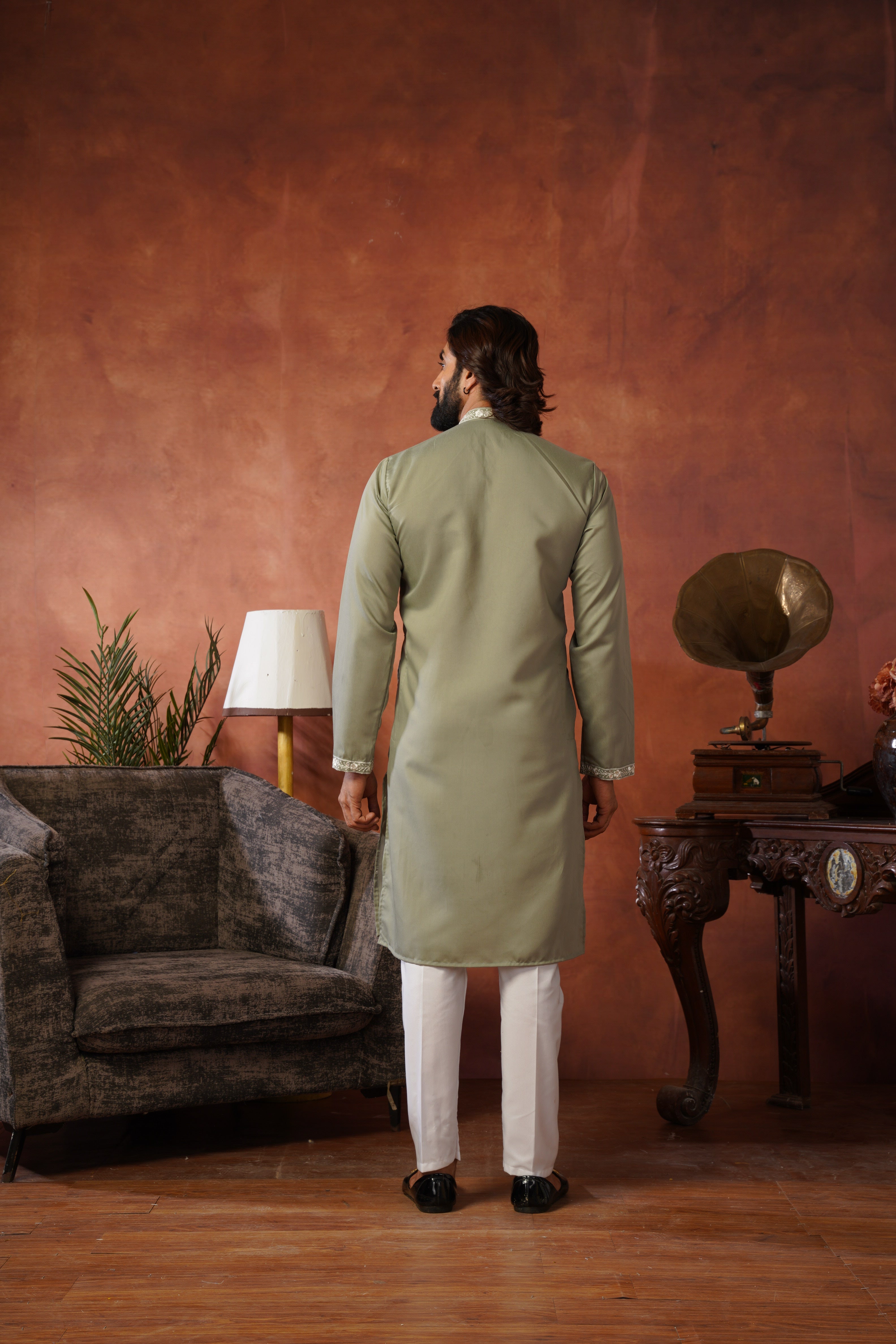 Floral Embroidered Neckwork Olive Kurta Set for Men