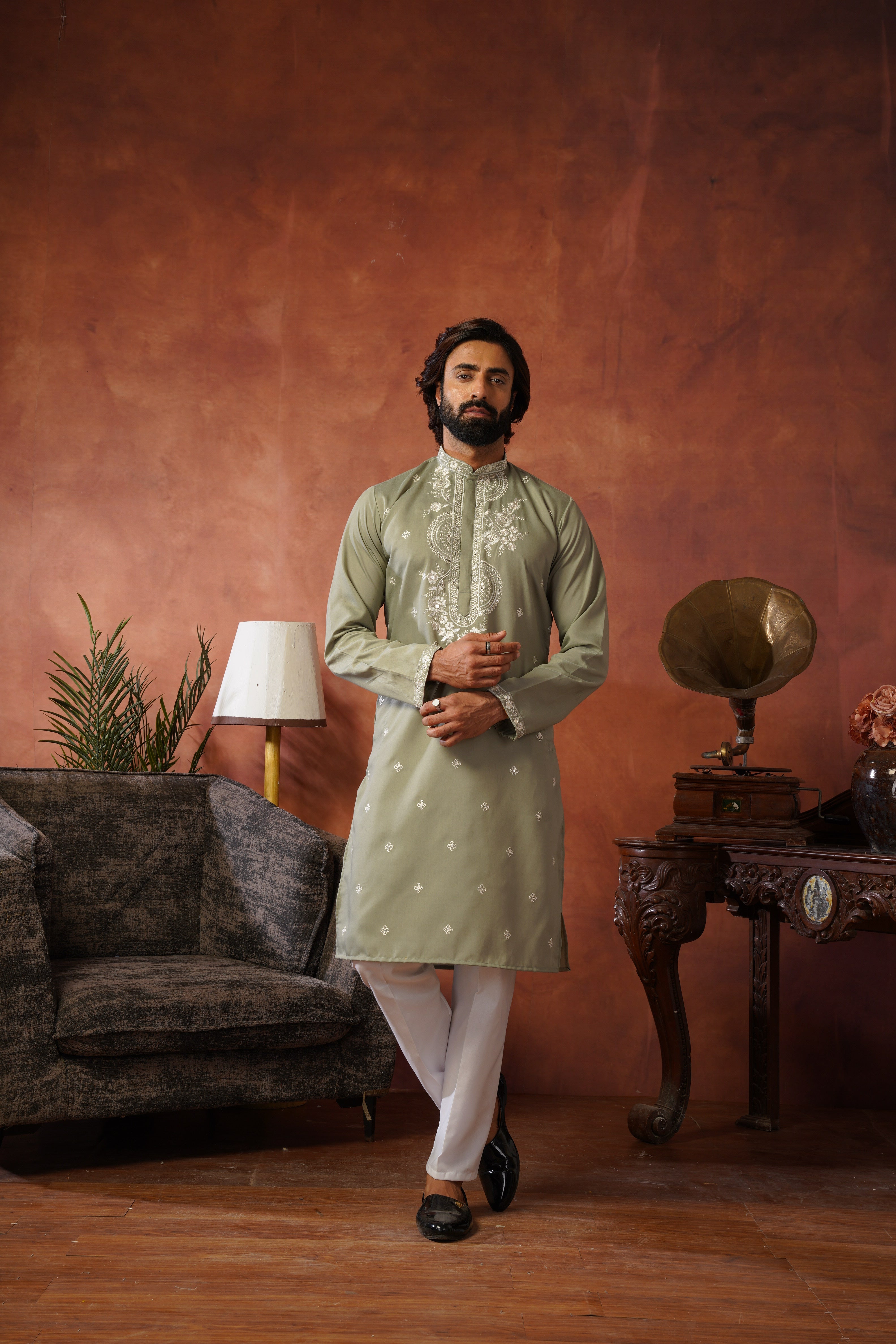 Floral Embroidered Neckwork Olive Kurta Set for Men