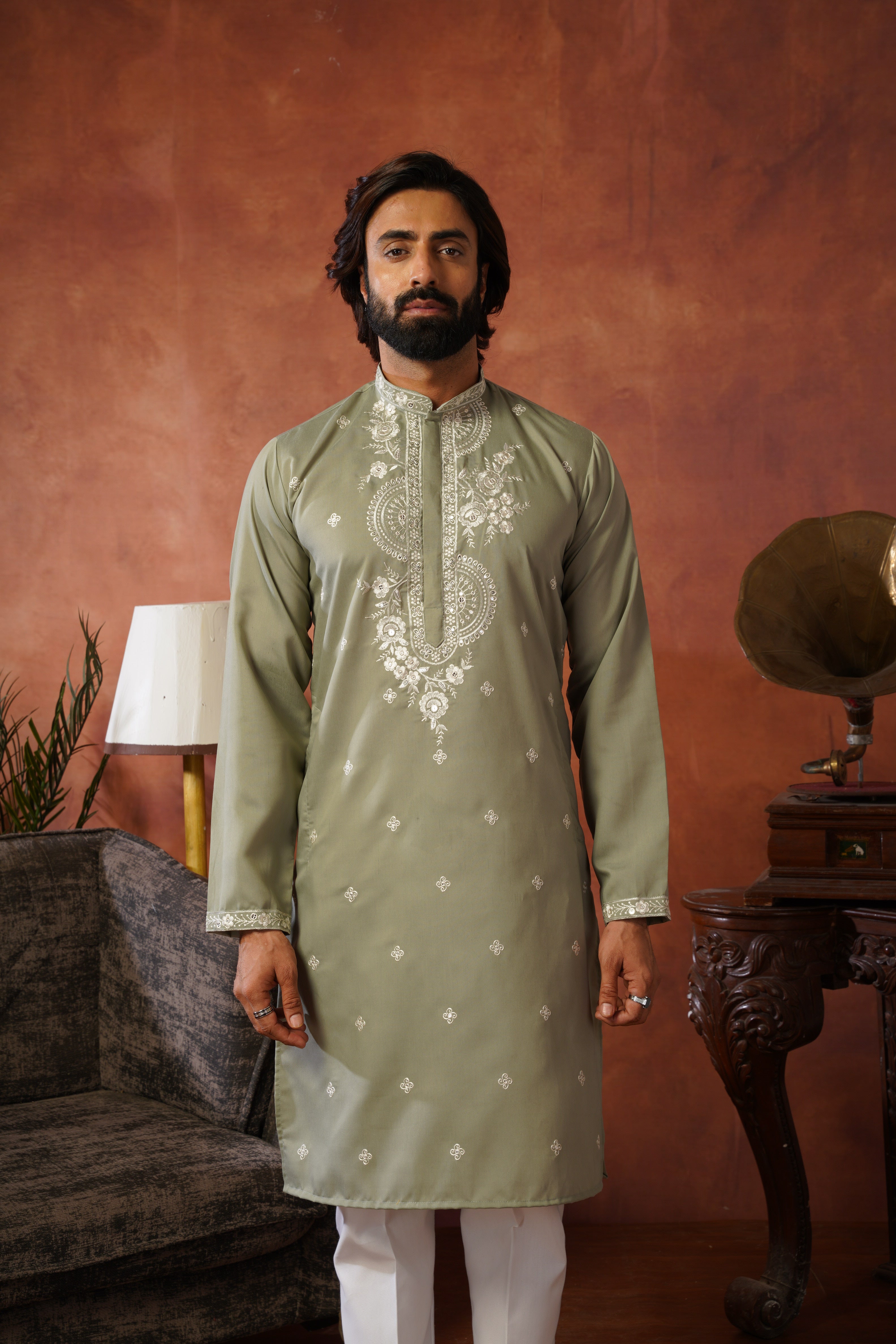 Floral Embroidered Neckwork Olive Kurta Set for Men