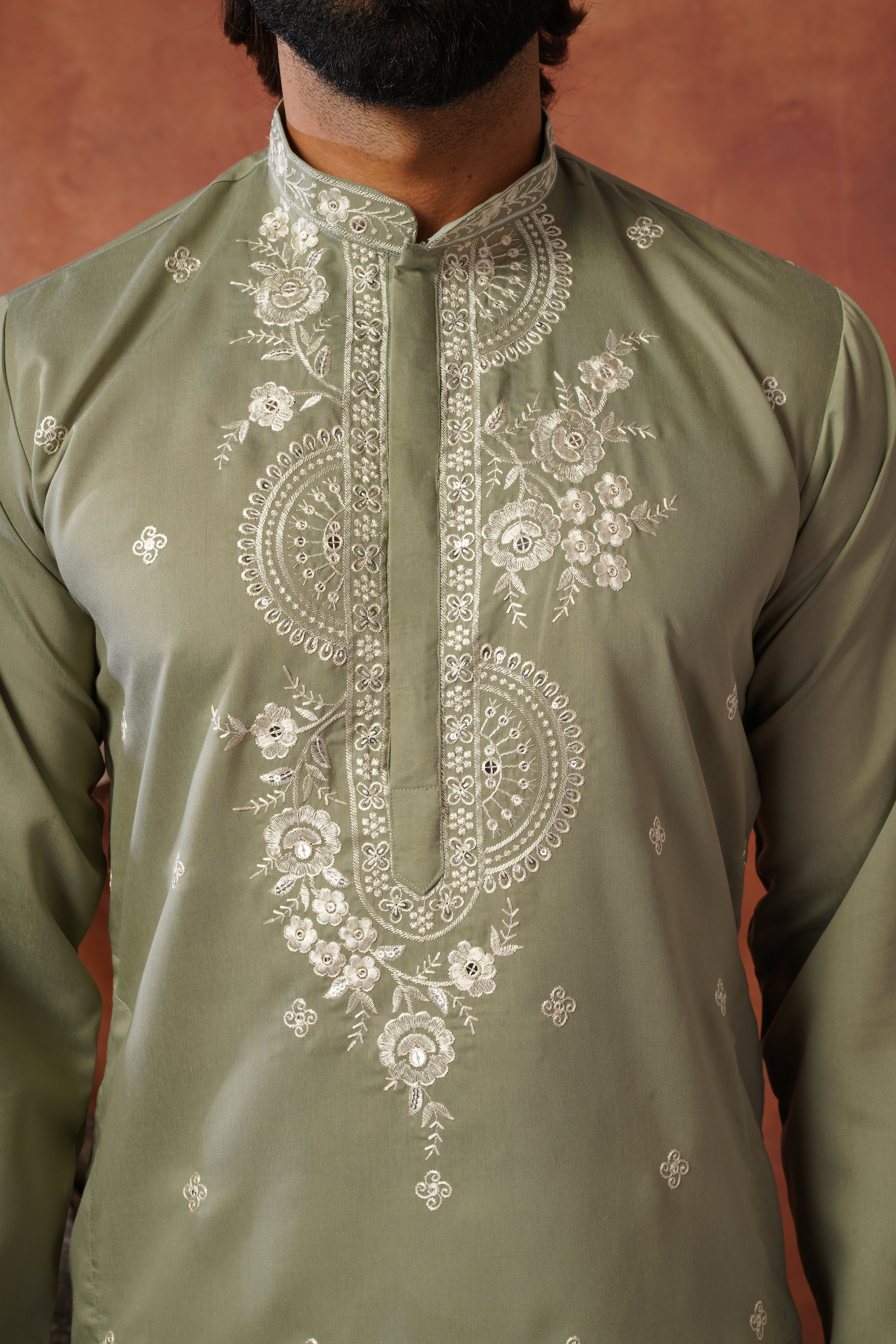 Floral Embroidered Neckwork Olive Kurta Set for Men