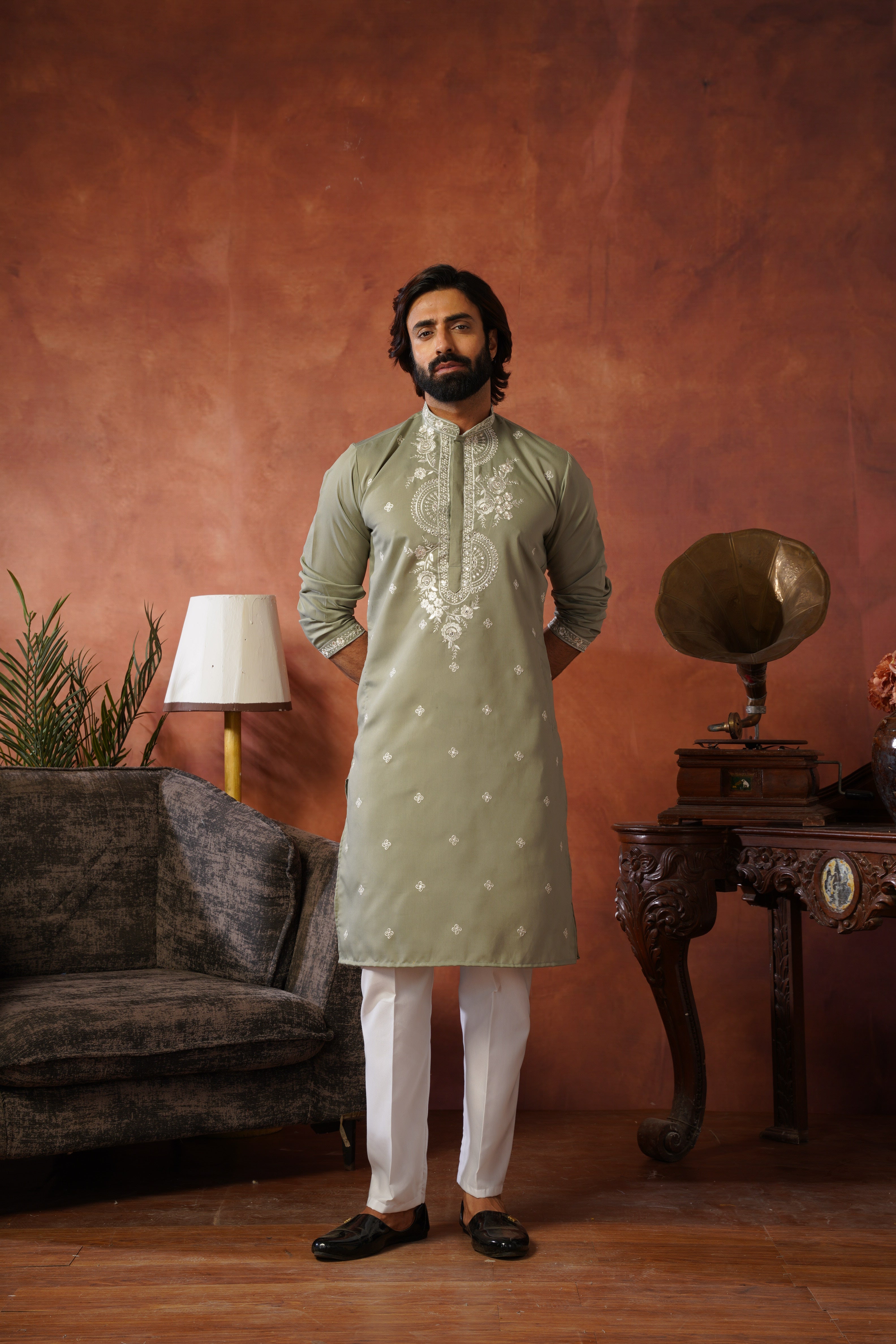 Floral Embroidered Neckwork Olive Kurta Set for Men
