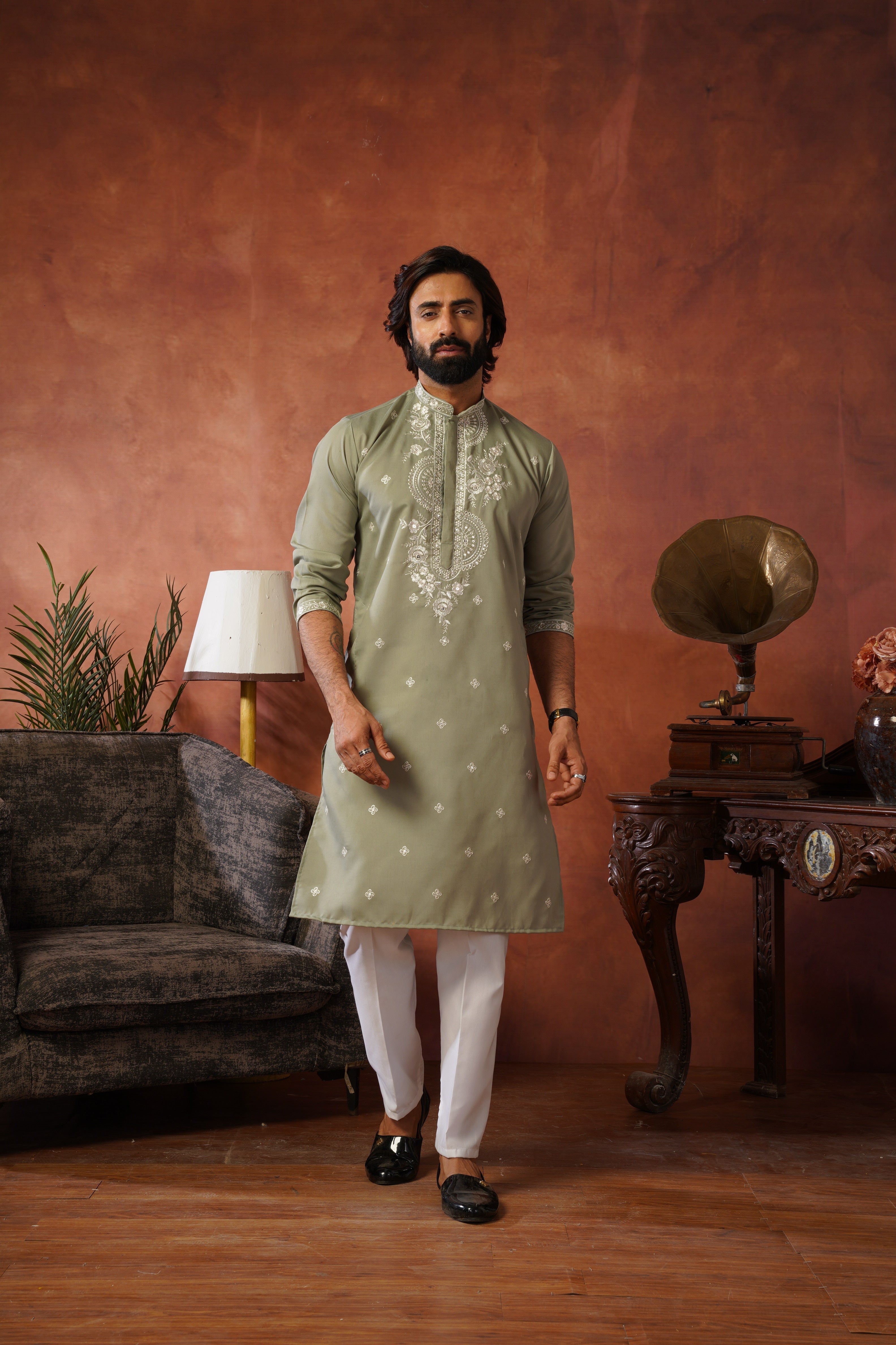 Floral Embroidered Neckwork Olive Kurta Set for Men