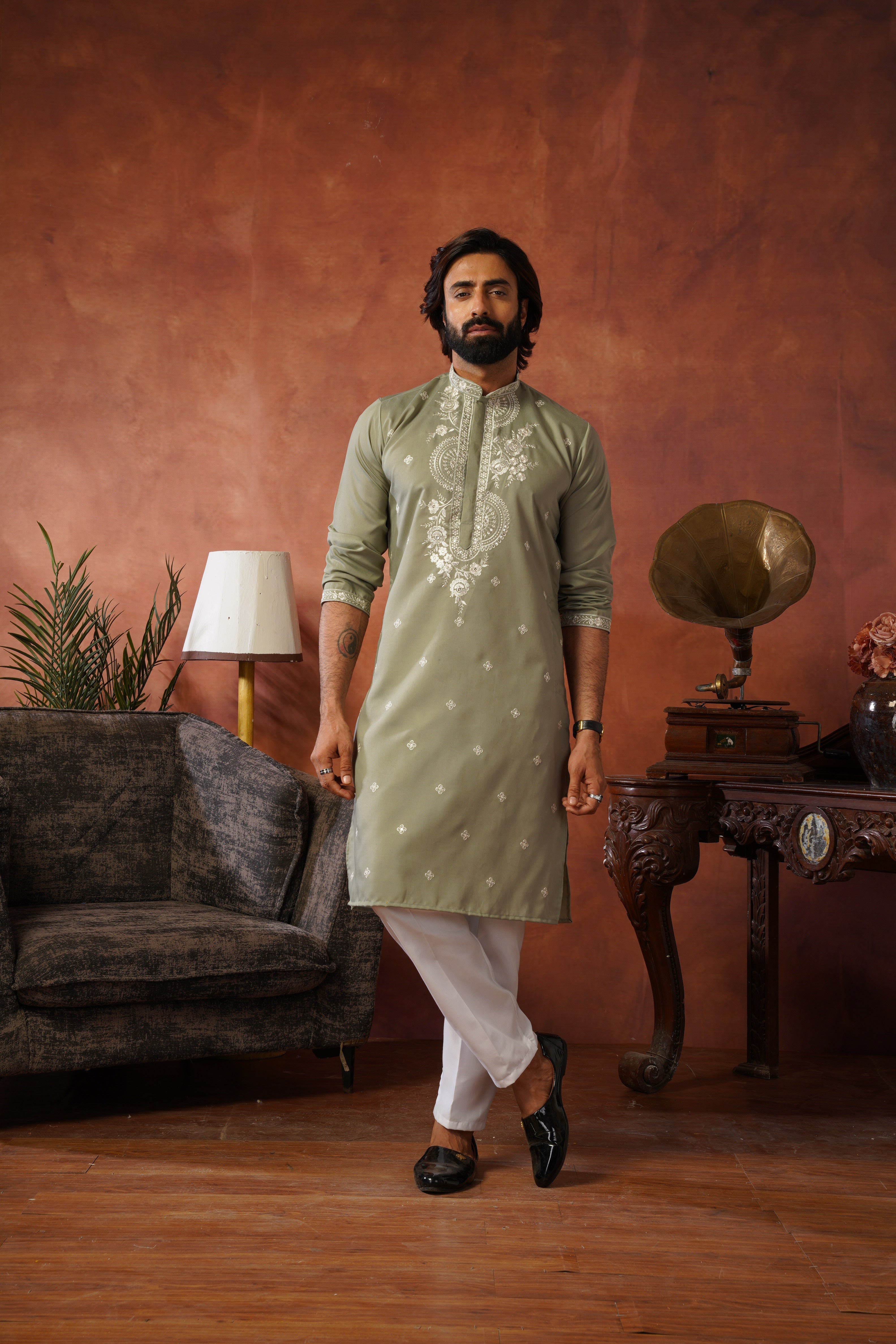 Floral Embroidered Neckwork Olive Kurta Set for Men