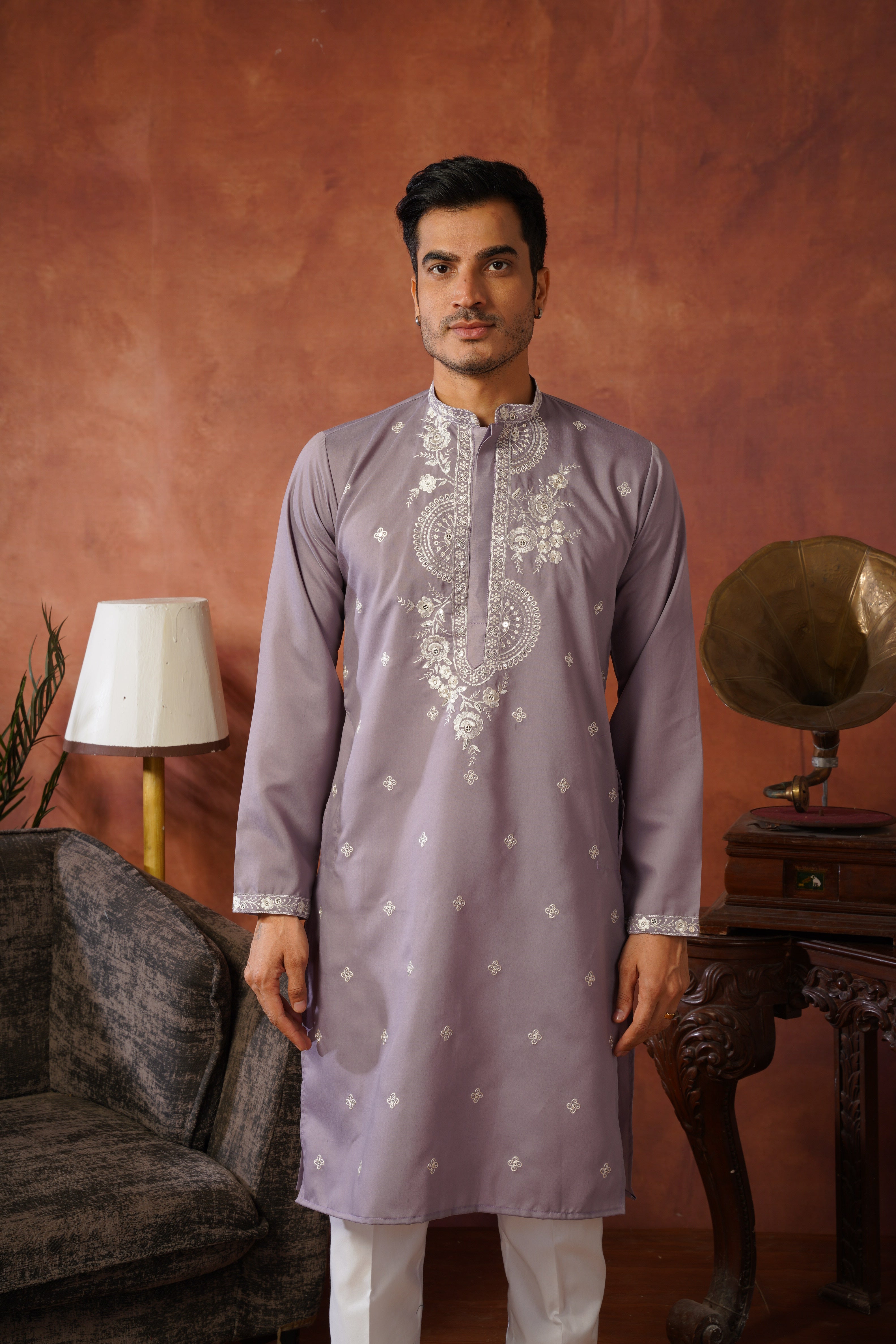 Floral Embroidered Neckwork Lavender Kurta Set for Men