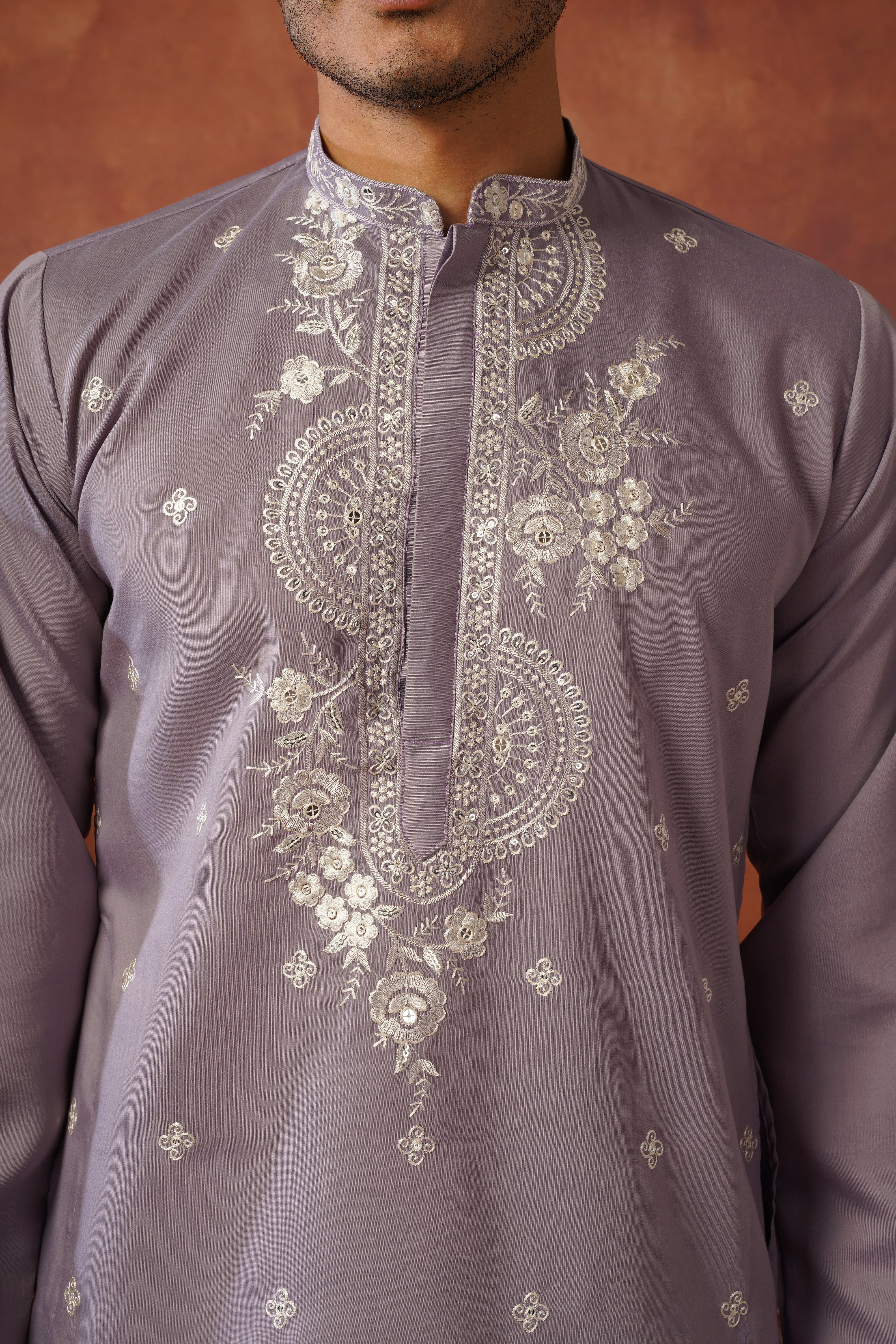 Floral Embroidered Neckwork Lavender Kurta Set for Men