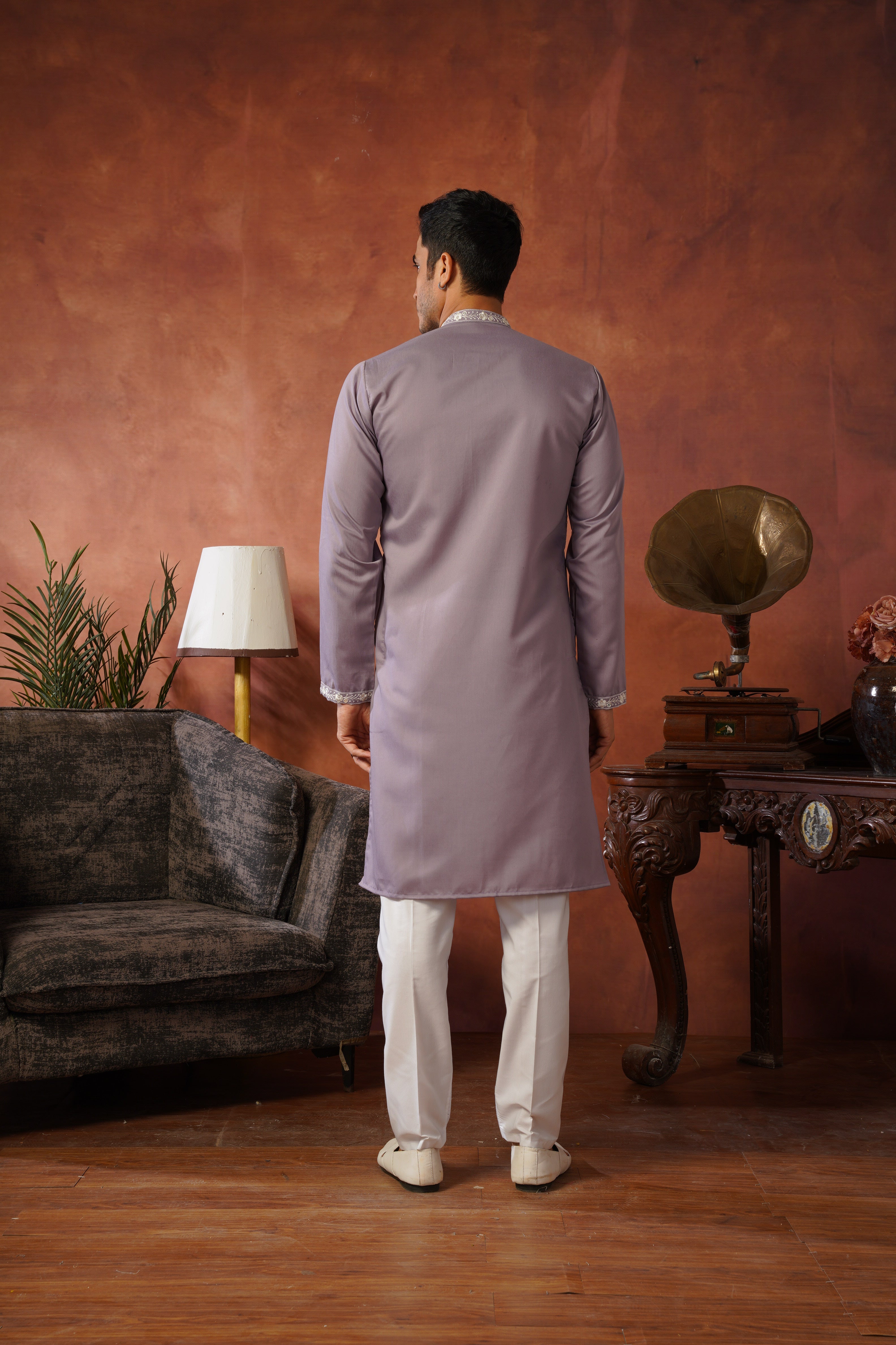 Floral Embroidered Neckwork Lavender Kurta Set for Men