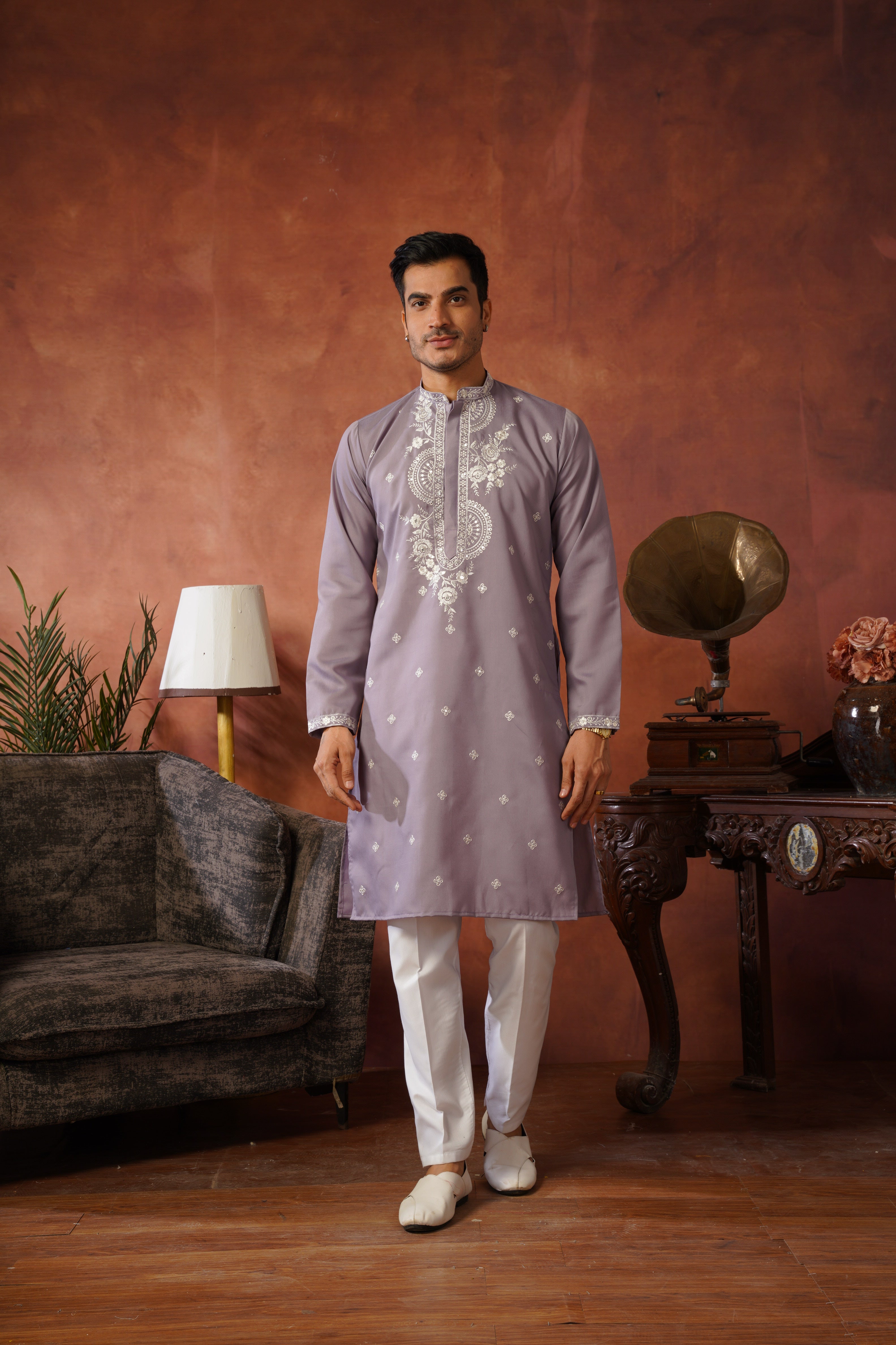 Floral Embroidered Neckwork Lavender Kurta Set for Men