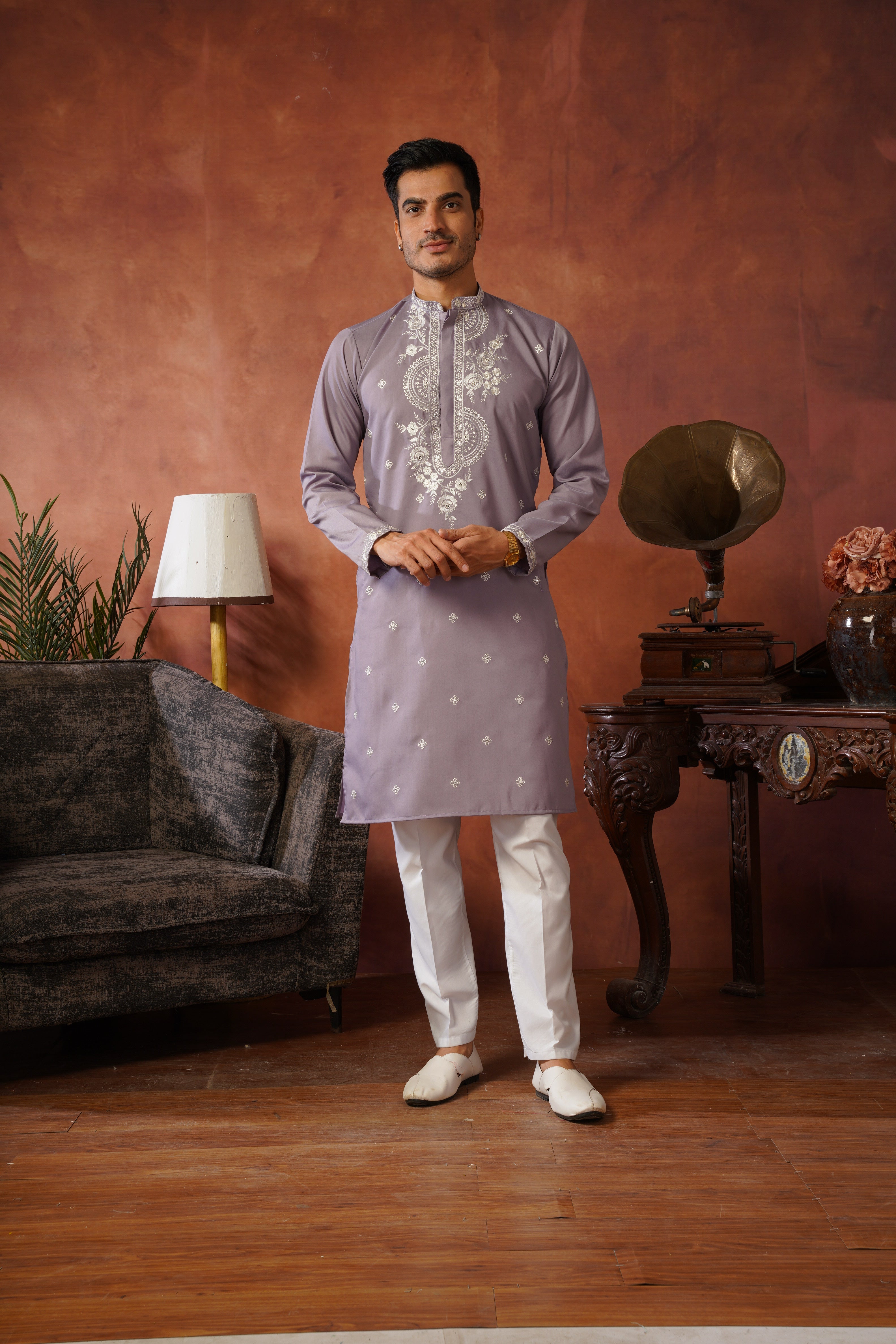 Floral Embroidered Neckwork Lavender Kurta Set for Men