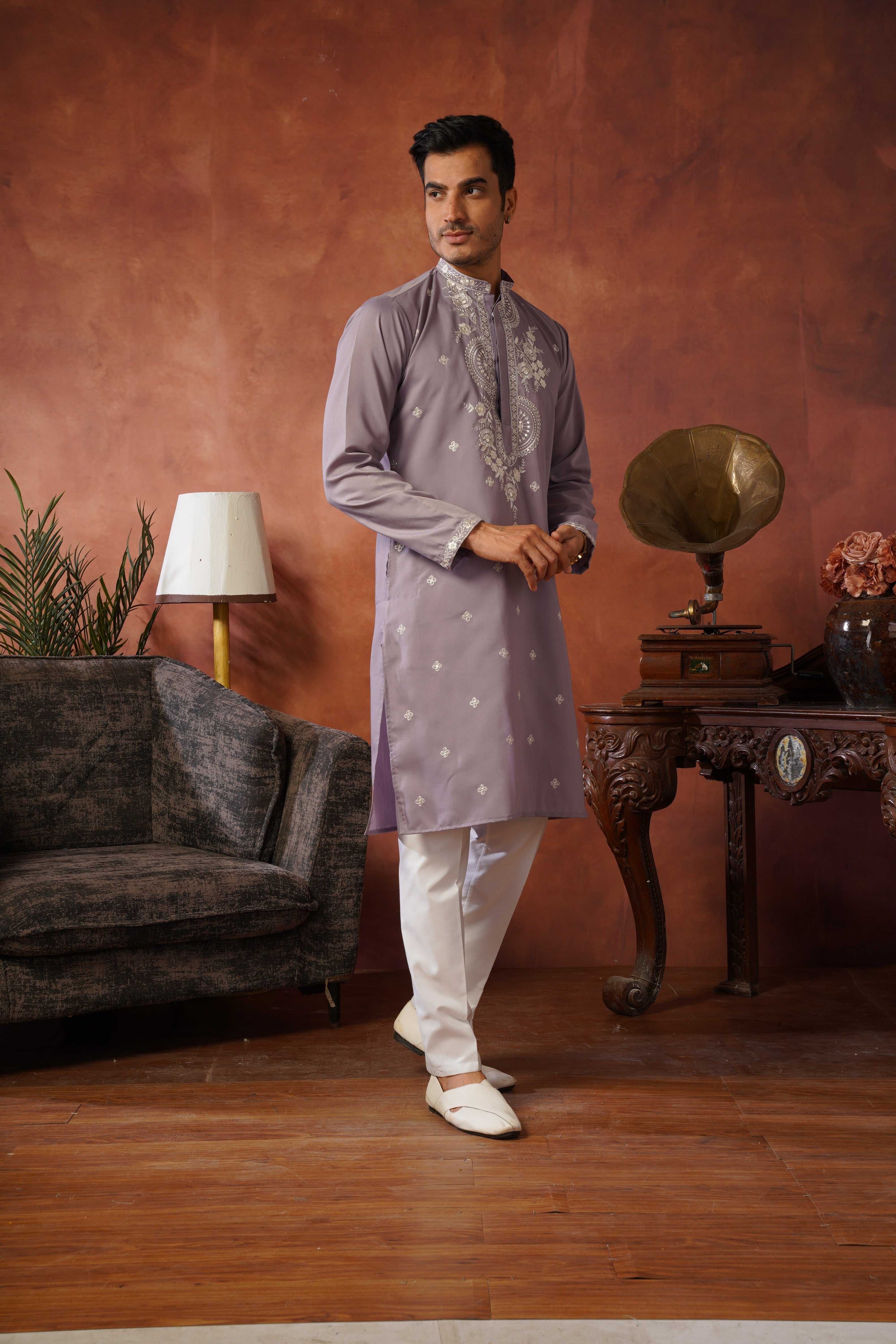 Floral Embroidered Neckwork Lavender Kurta Set for Men