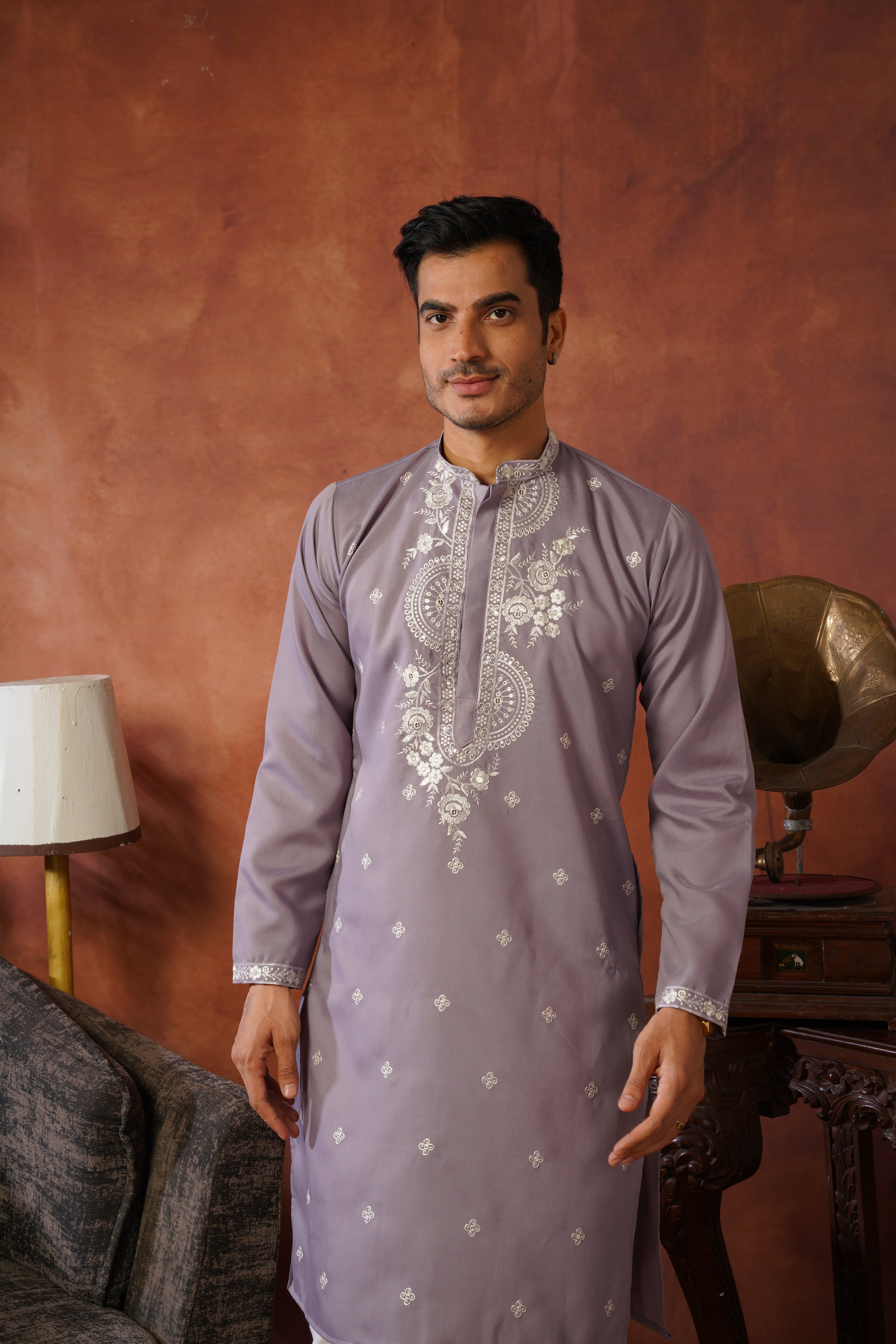 Floral Embroidered Neckwork Lavender Kurta Set for Men