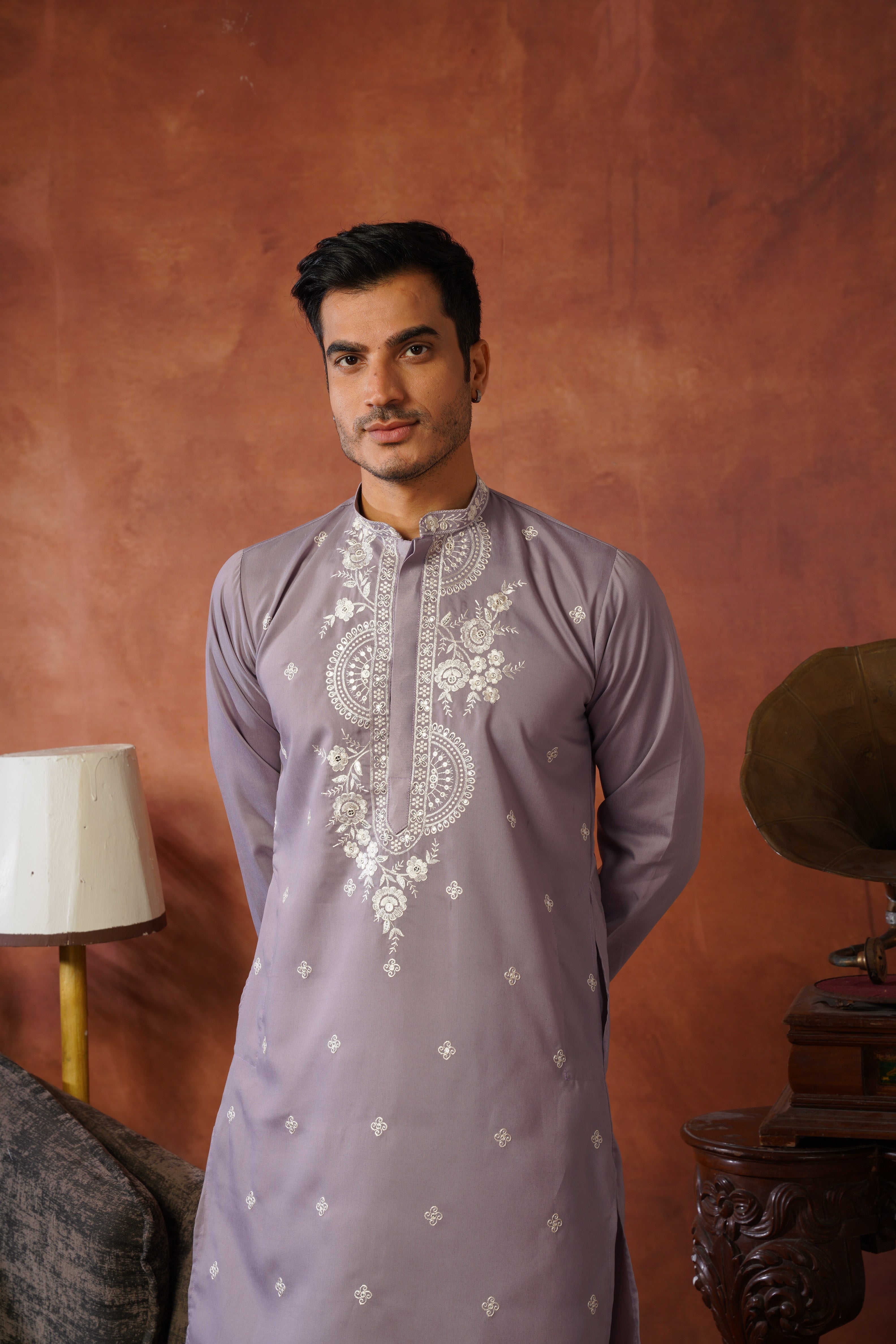 Floral Embroidered Neckwork Lavender Kurta Set for Men
