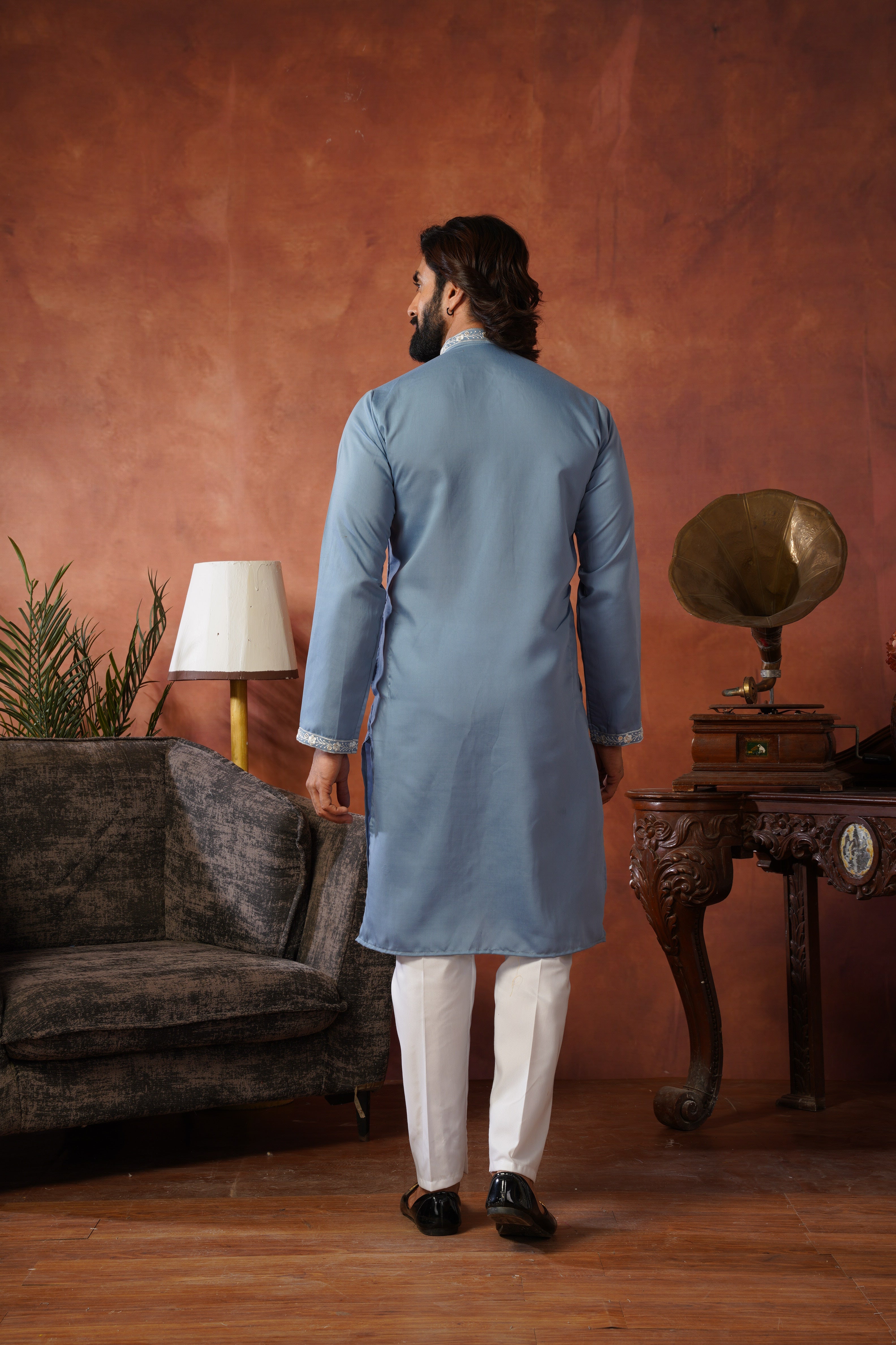 Floral Embroidered Neckwork Pastel Blue Kurta Set for Men